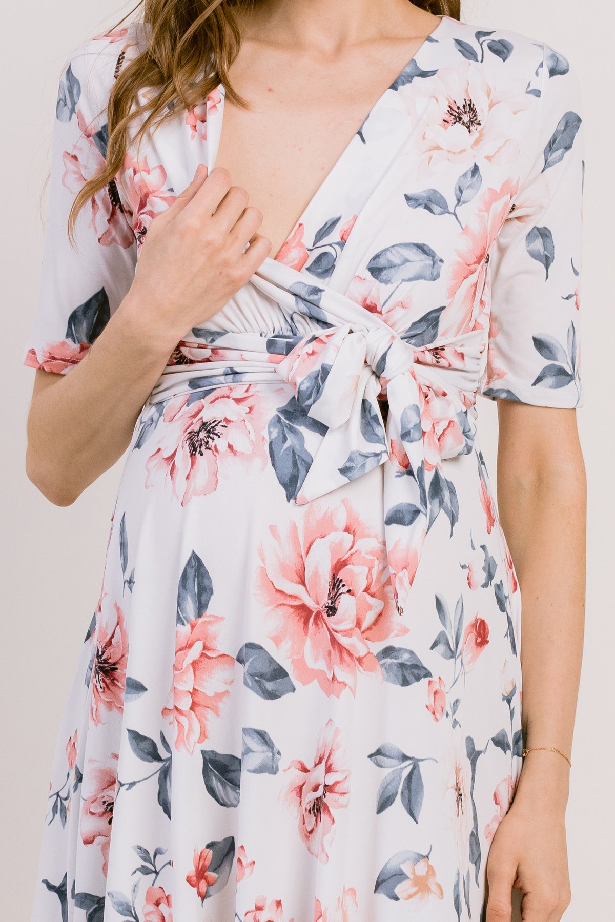 Off White Floral Print Tie Waist Wrap Maternity Dress Nursing Detail