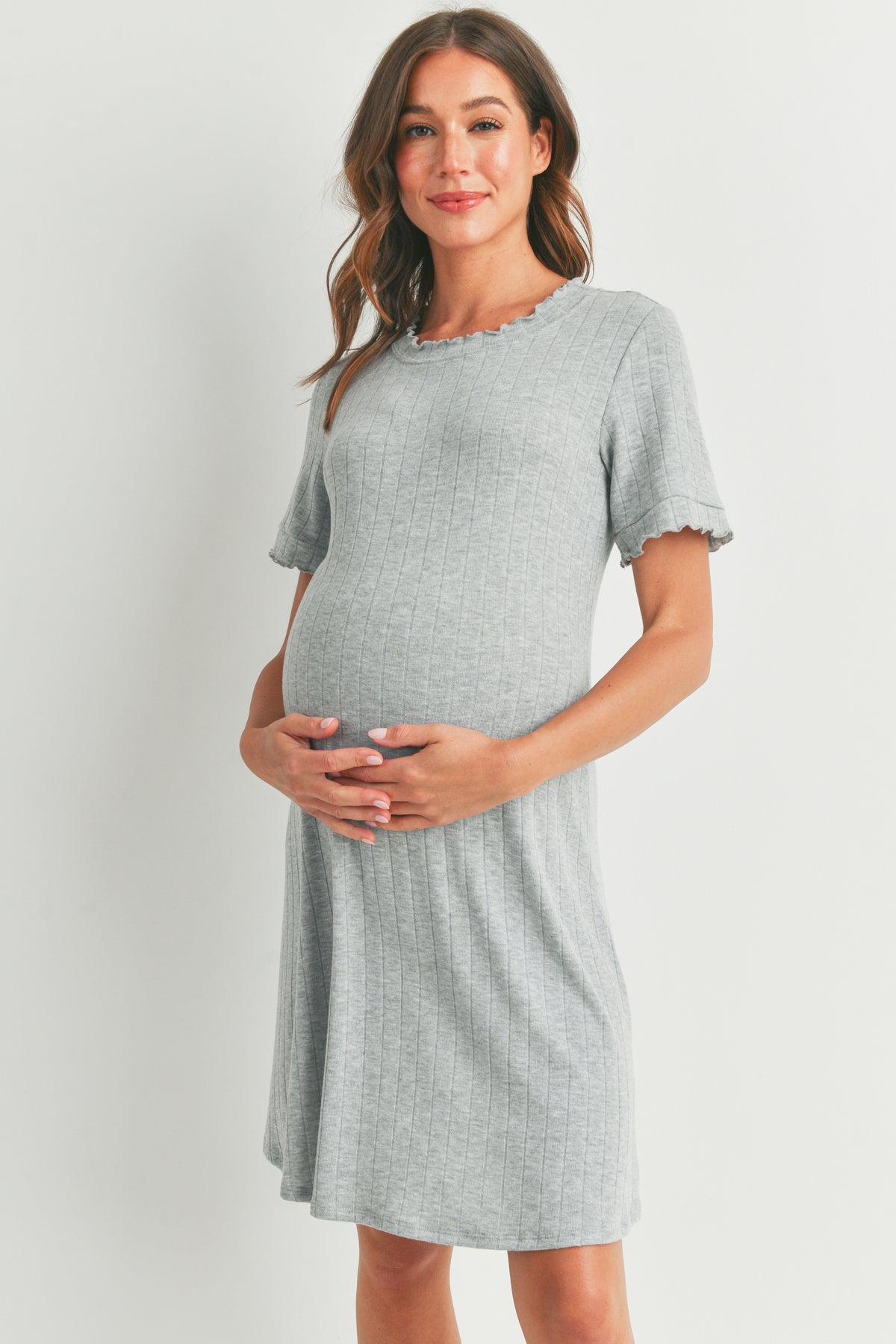 Heather Grey Wide Rib Lettuce Trim Maternity Dress Front