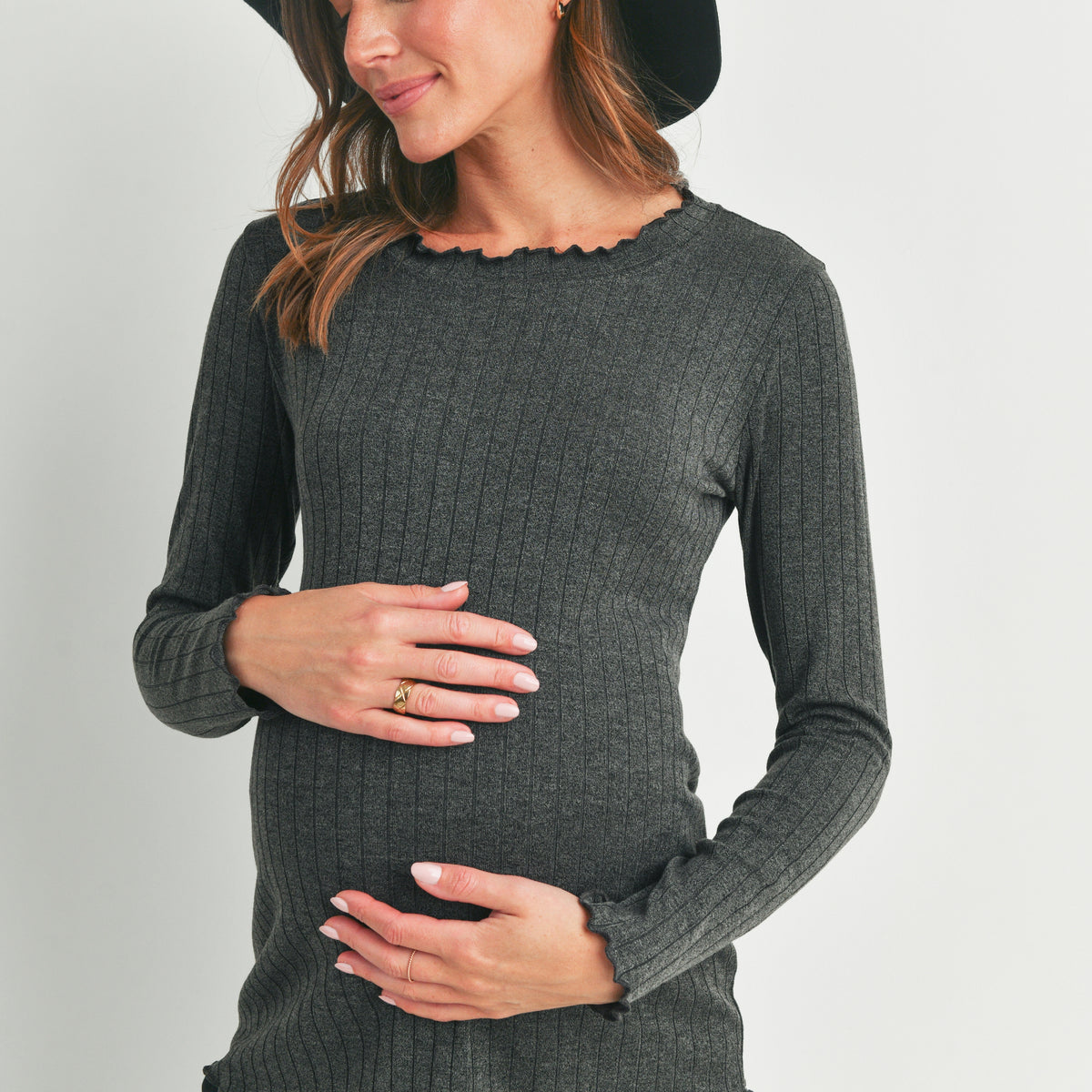Charcoal Ribbed Merrow Lettuce Edge Maternity Top Front