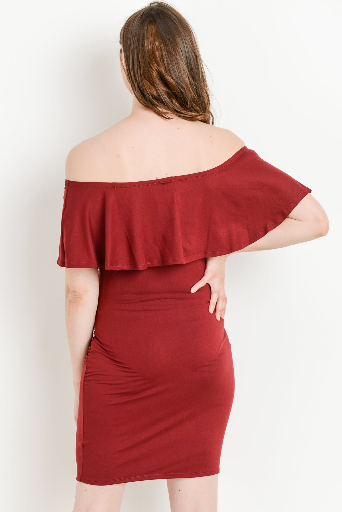 Burgundy Single Ruffle Off Shoulder Maternity Dress Back View