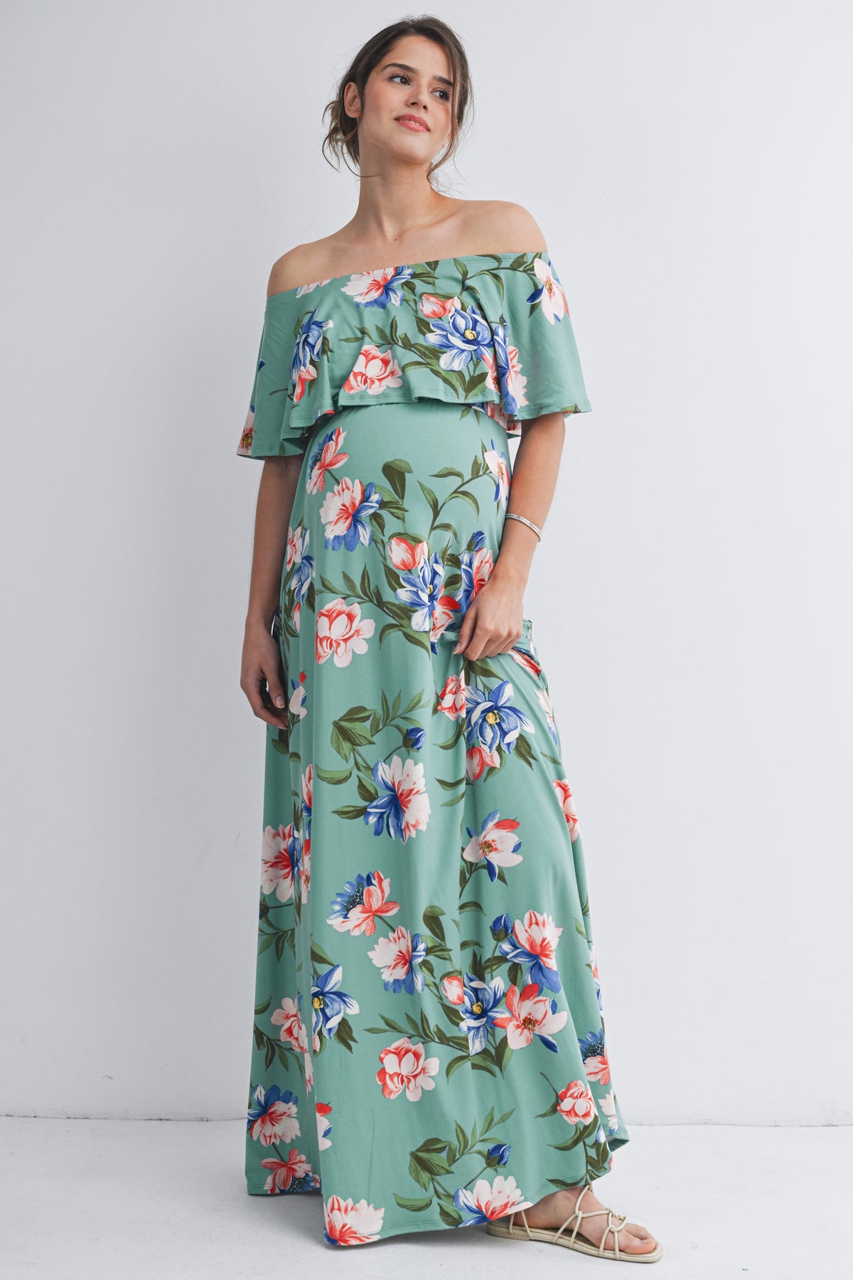 Sage Floral Off Shoulder Maxi Maternity Dress Front View