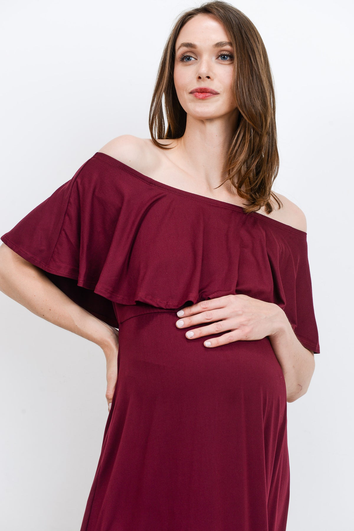Burgundy Ruffle Off Shoulder Solid Maternity Dress Close Up