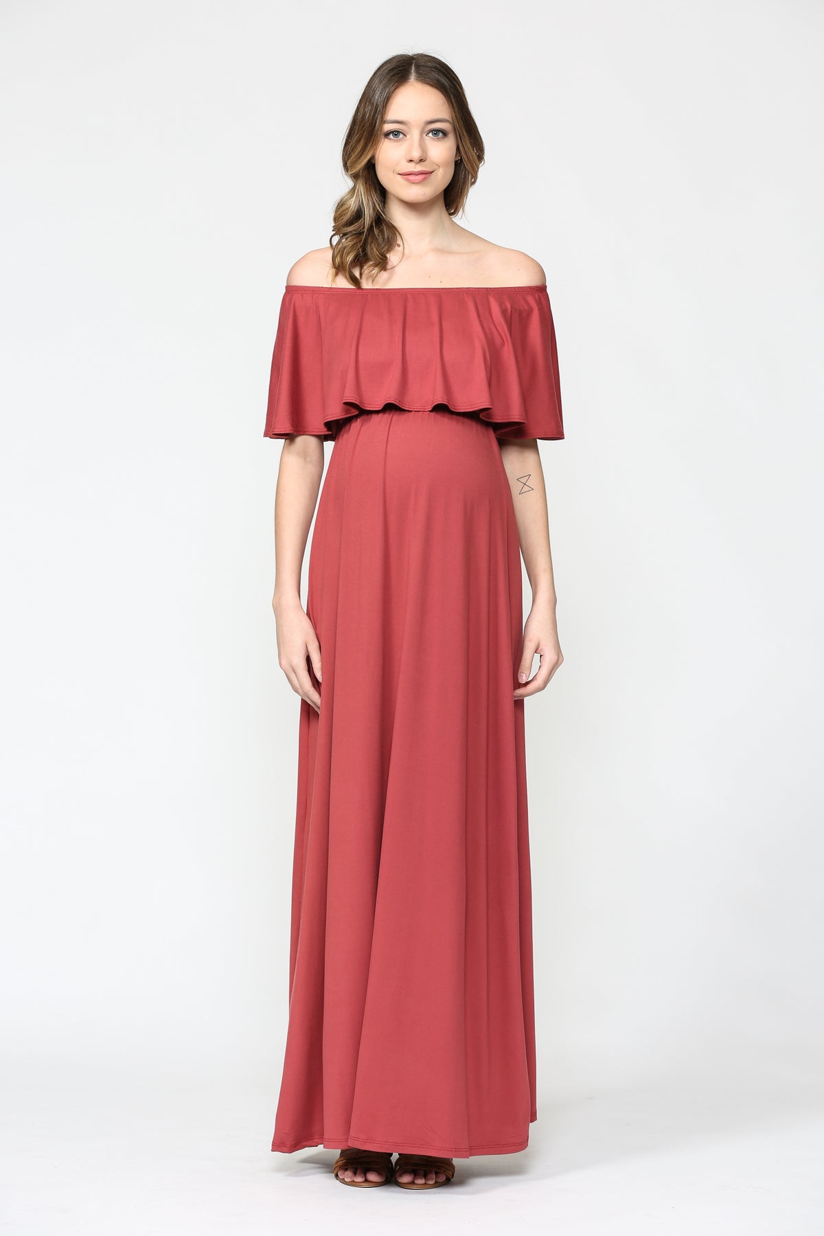 Red Brown Ruffle Off Shoulder Solid Maternity Dress Front View