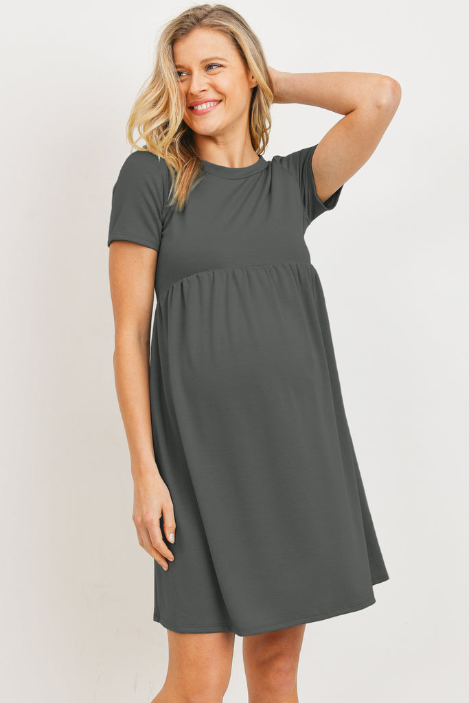 Grey  French Terry Babydoll Maternity T-Shirt Dress Front