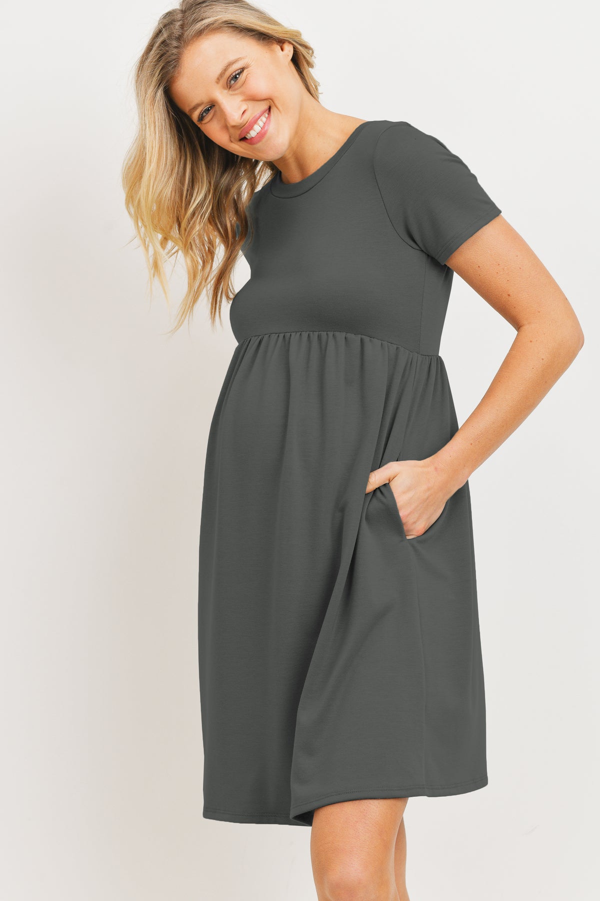 Grey French Terry Babydoll Maternity T-Shirt Dress Side