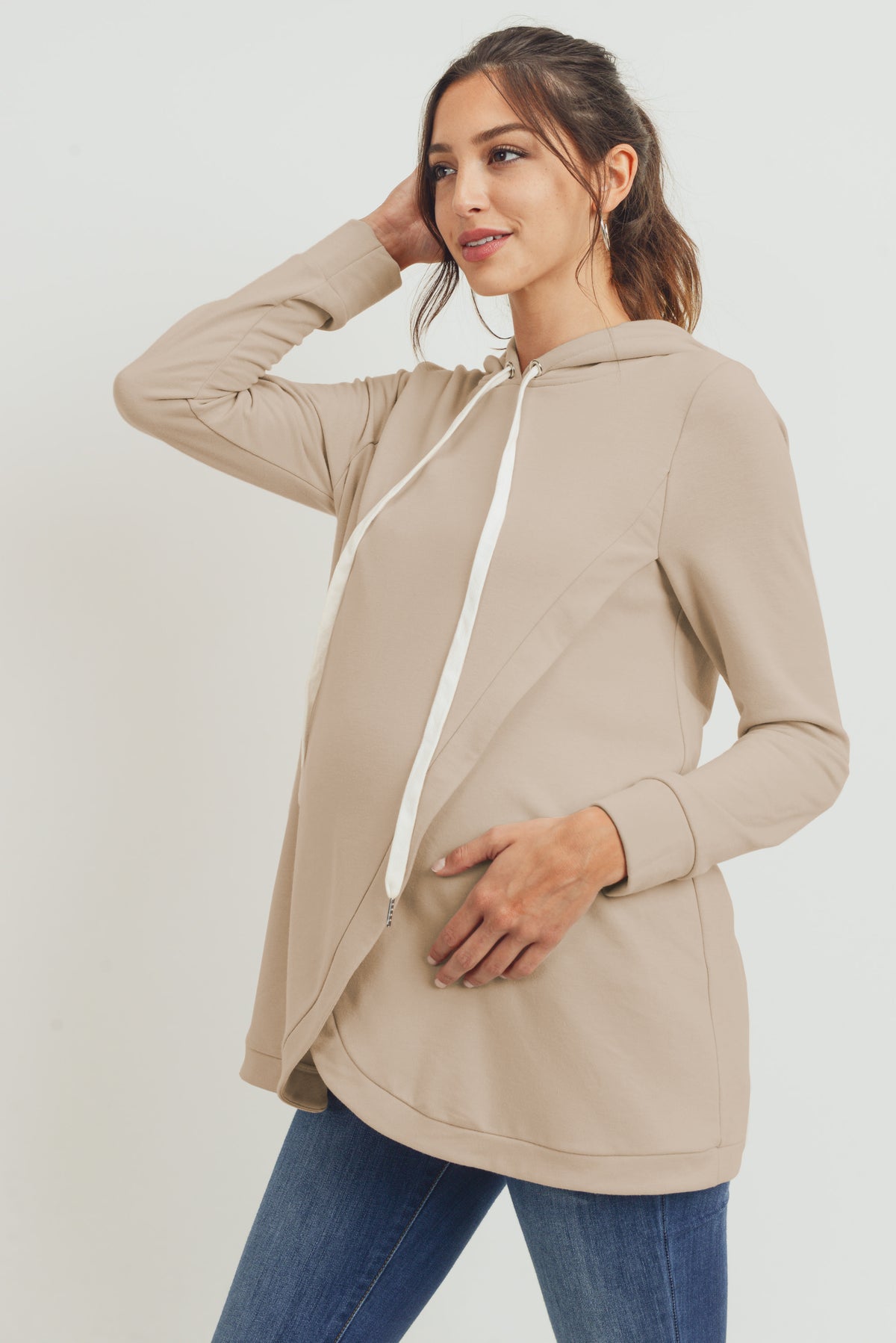 Taupe Heavy Brushed French Terry Maternity/Nursing Hoodie Side View