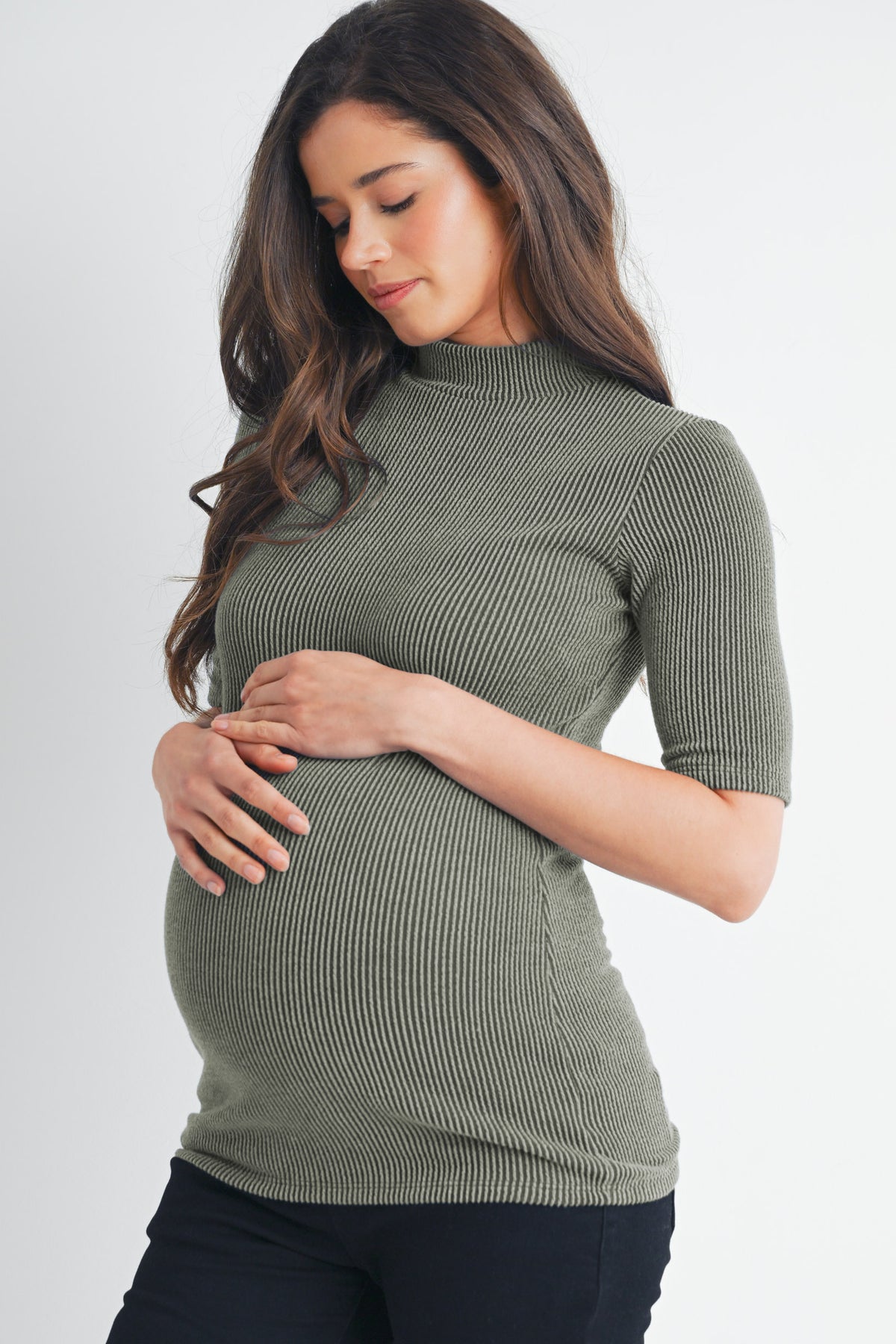 Olive Ribbed Short Sleeve Mock Neck Maternity Top Side View