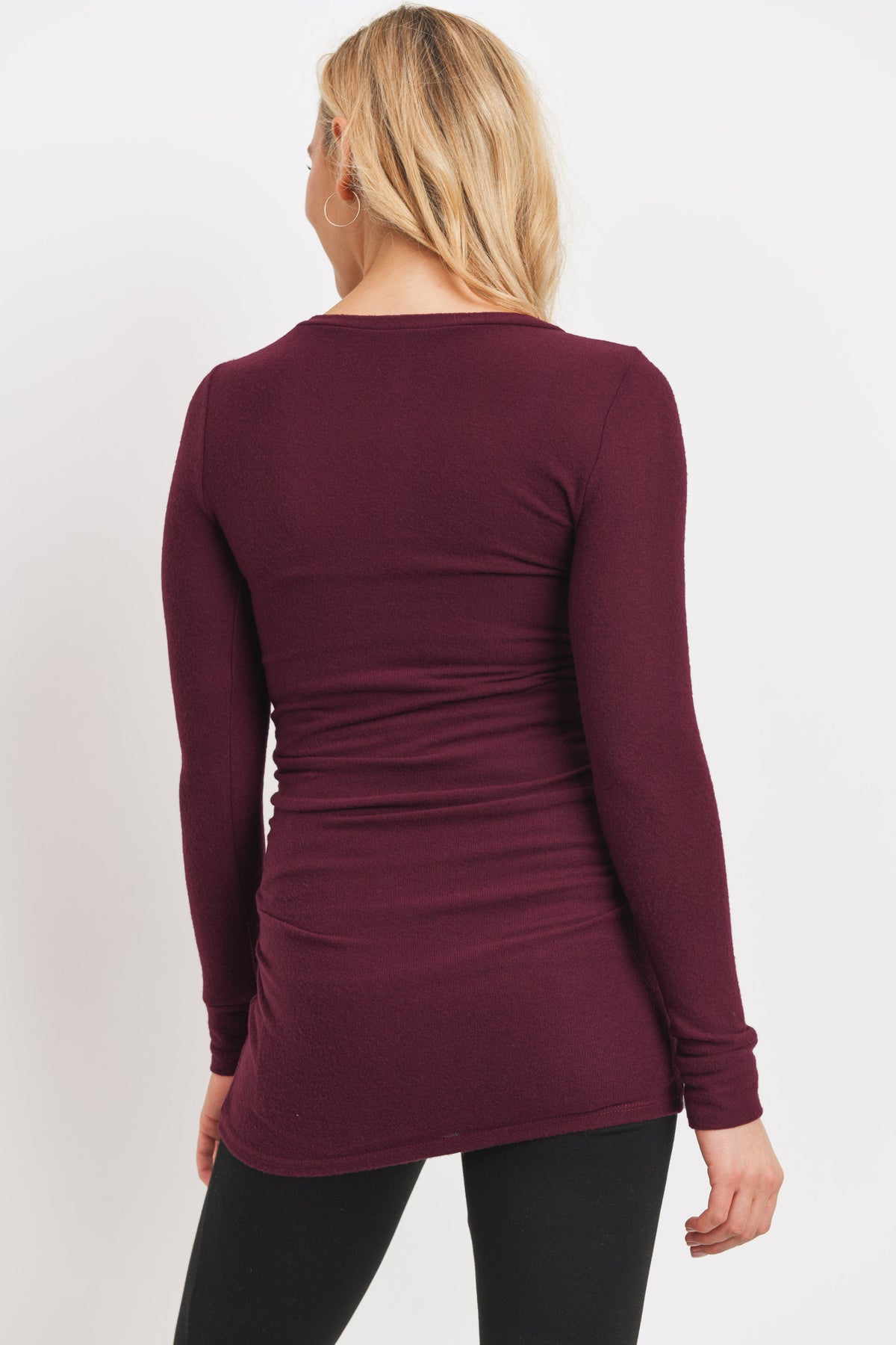 Dark Wine Hello Miz Cashmere-Like Hacci Maternity Long Sleeve Tunic back view
