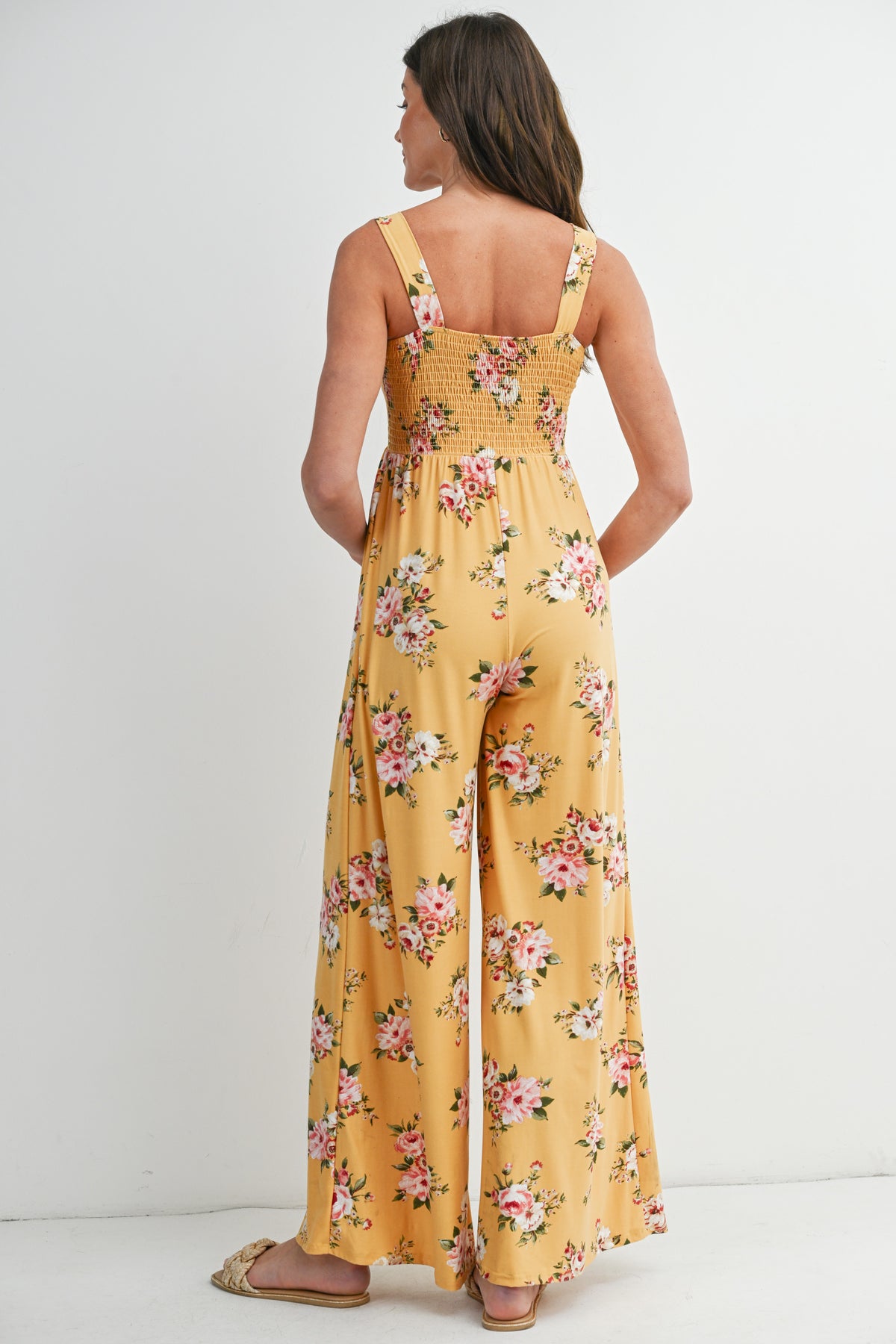 Mustard Floral Smocked Square Neck Wide Leg Maternity Jumpsuit with Pockets Back View