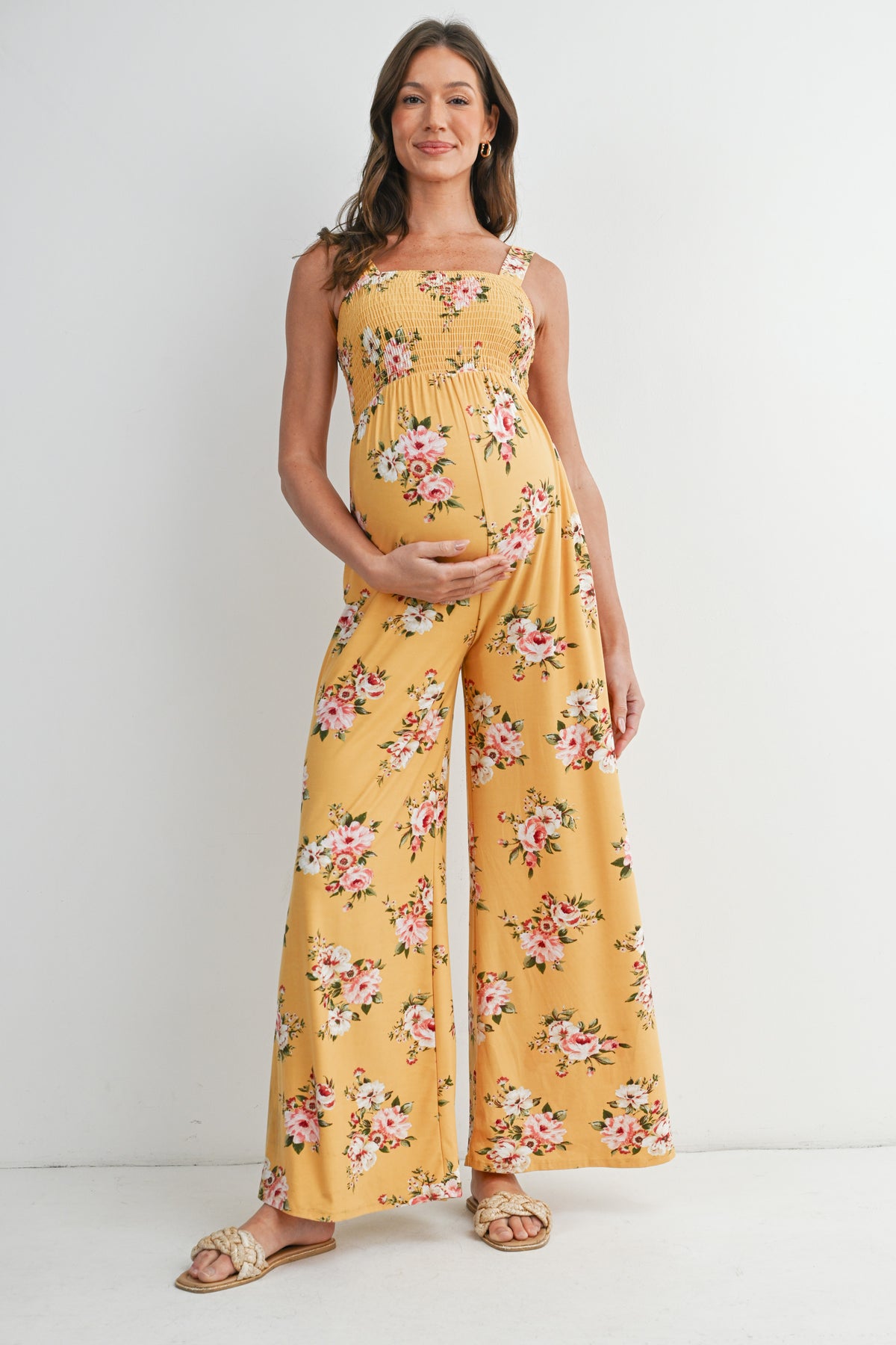 Mustard Floral Smocked Square Neck Wide Leg Maternity Jumpsuit with Pockets Front View