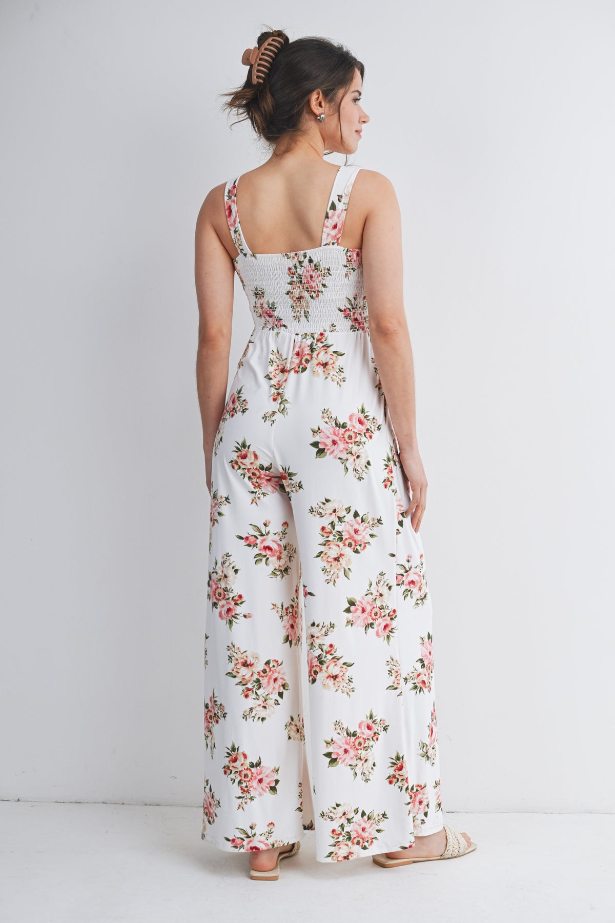 Ivory Floral Smocked Square Neck Wide Leg Maternity Jumpsuit with Pockets Back View