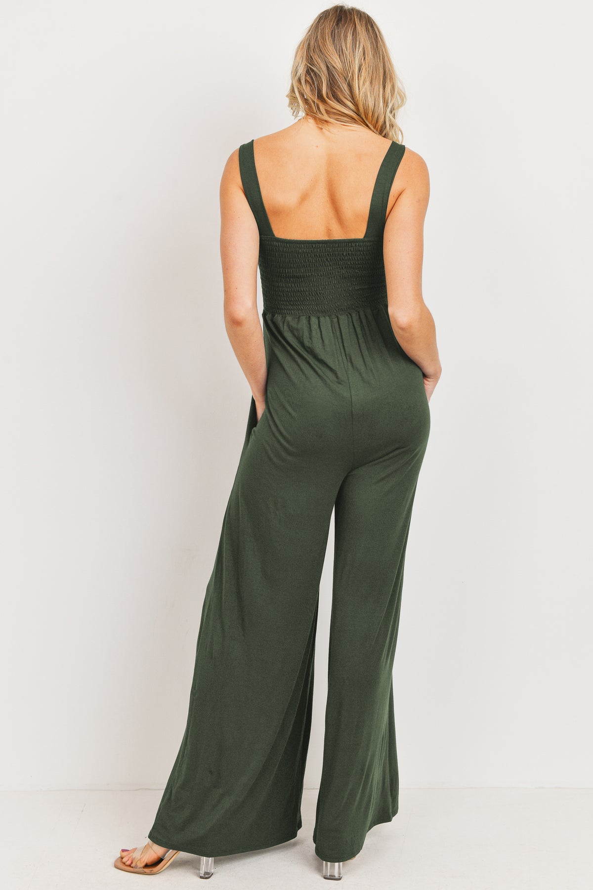 Army Square Neck Smocked Maternity Flared Jumpsuit Back View