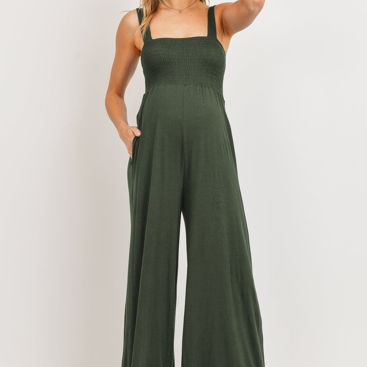 Army Square Neck Smocked Maternity Flared Jumpsuit Front View