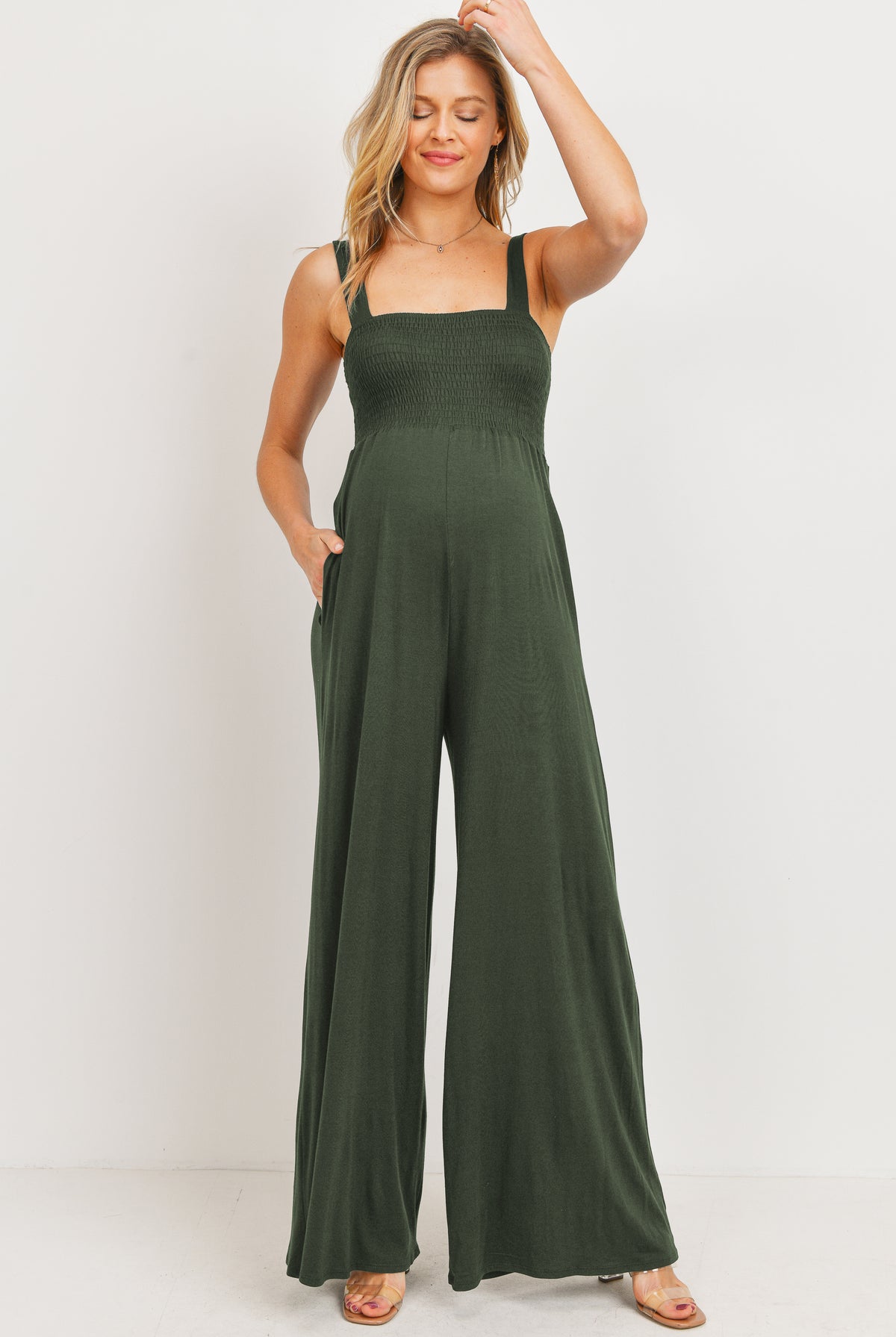 Army Square Neck Smocked Maternity Flared Jumpsuit Front View