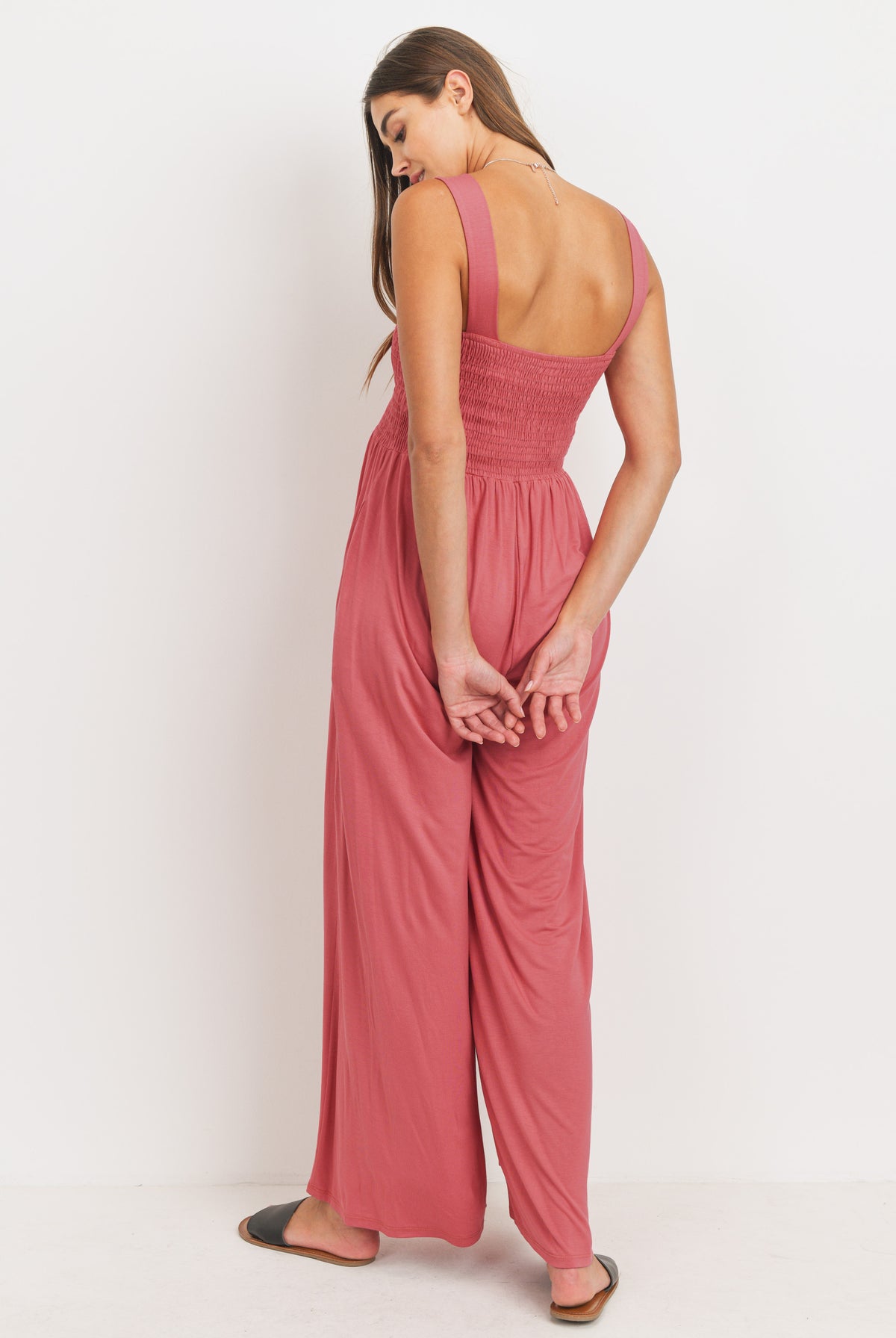 Rust Square Neck Smocked Maternity Flared Jumpsuit Side Back View