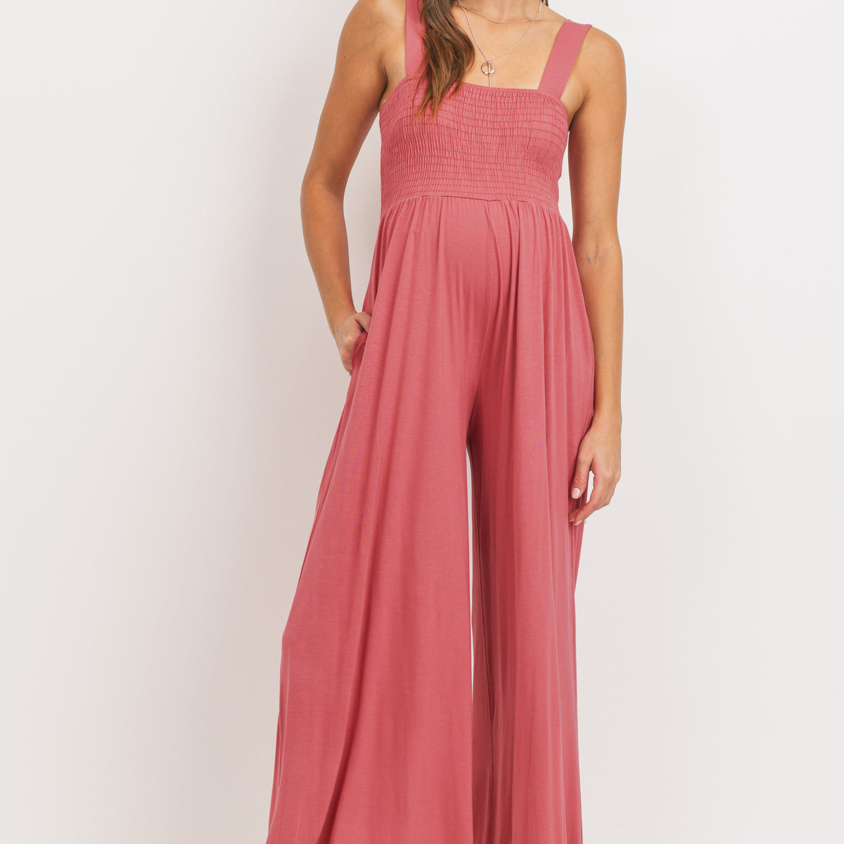 Rust Square Neck Smocked Maternity Flared Jumpsuit Front View