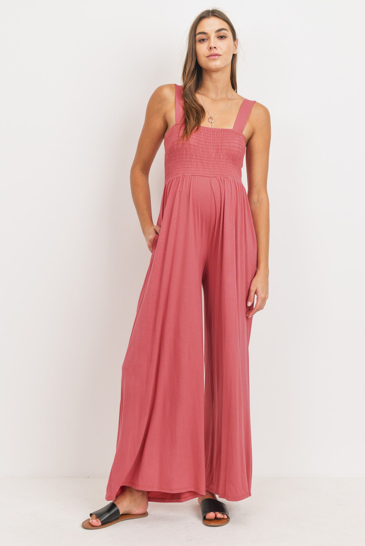 Rust Square Neck Smocked Maternity Flared Jumpsuit Front View