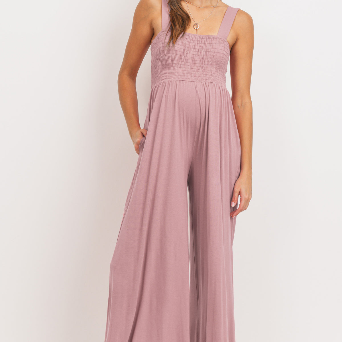 Mauve Square Neck Smocked Maternity Flared Jumpsuit Front View