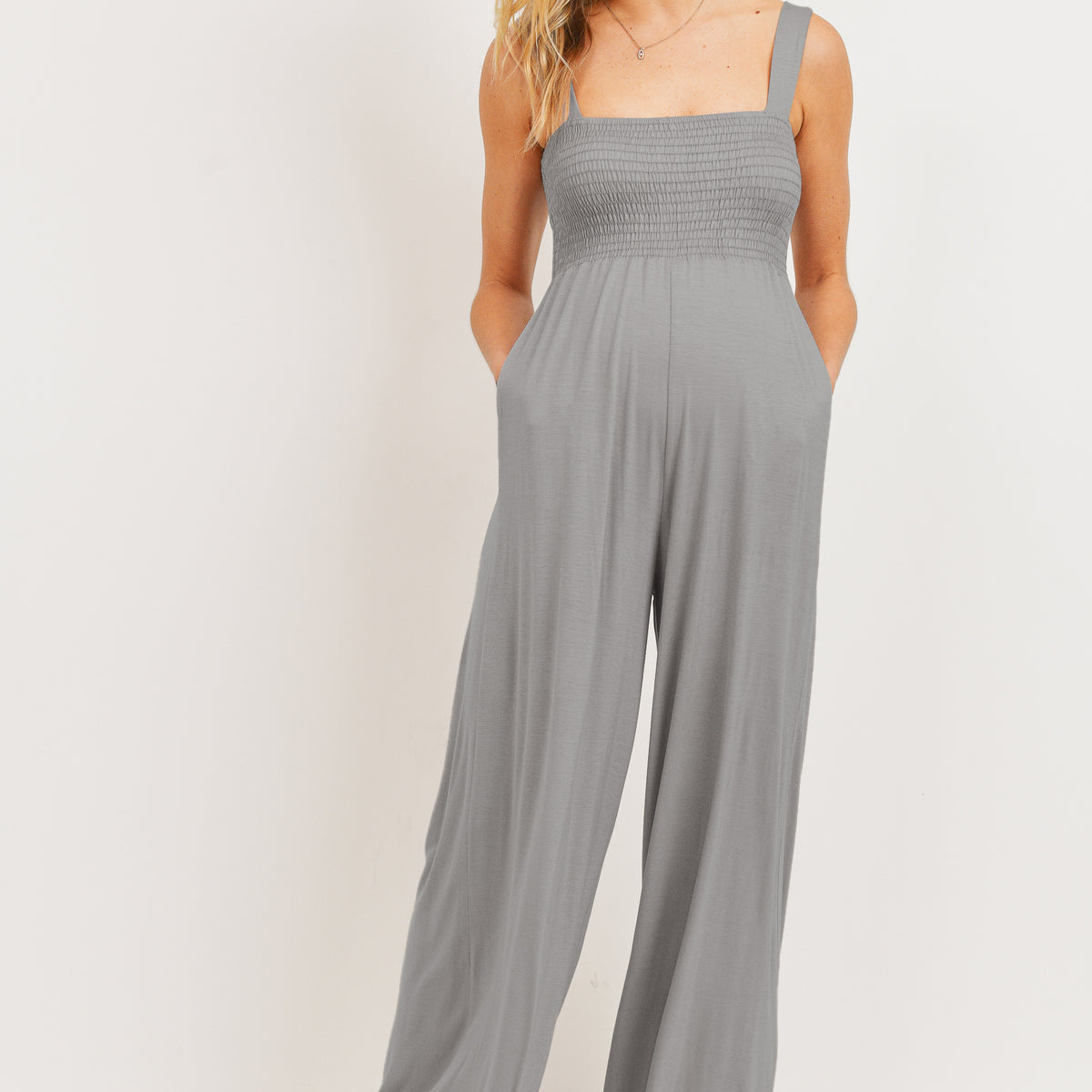 Silver Square Neck Smocked Maternity Flared Jumpsuit Front View