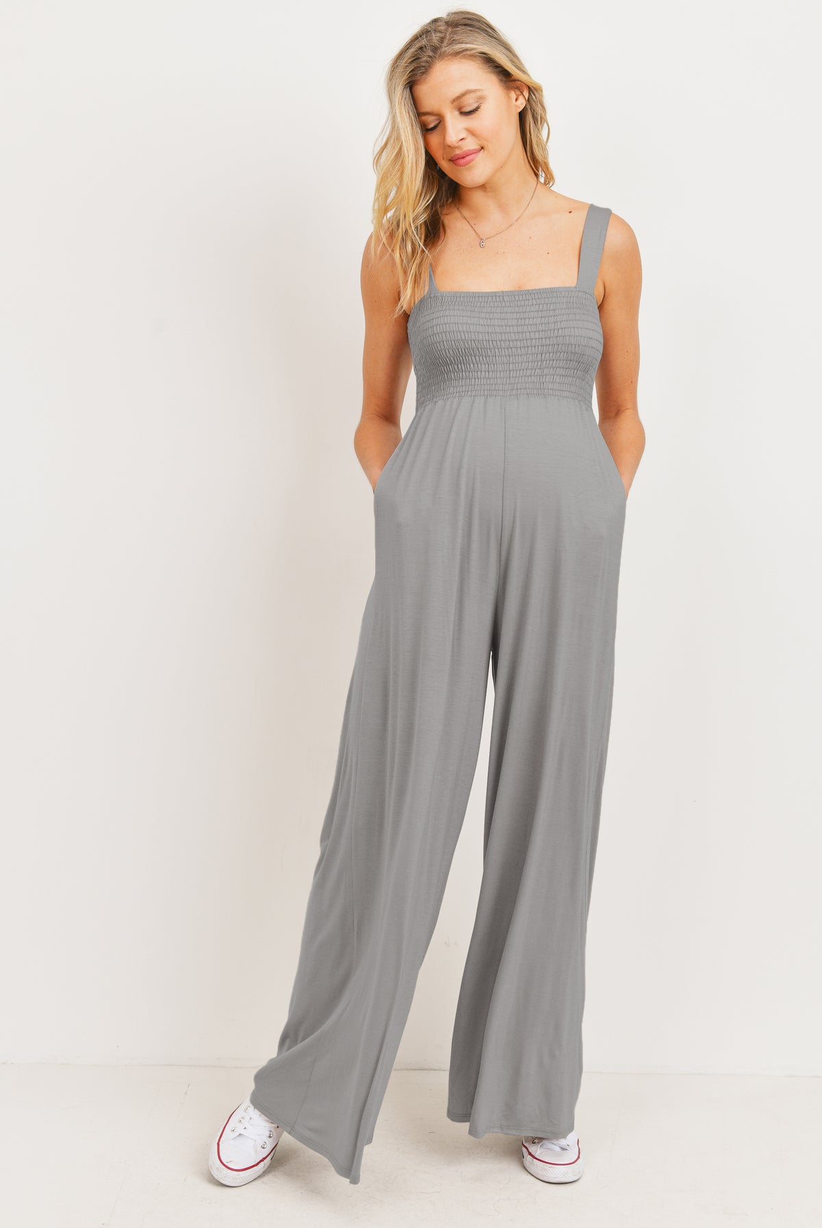 Silver Square Neck Smocked Maternity Flared Jumpsuit Front View