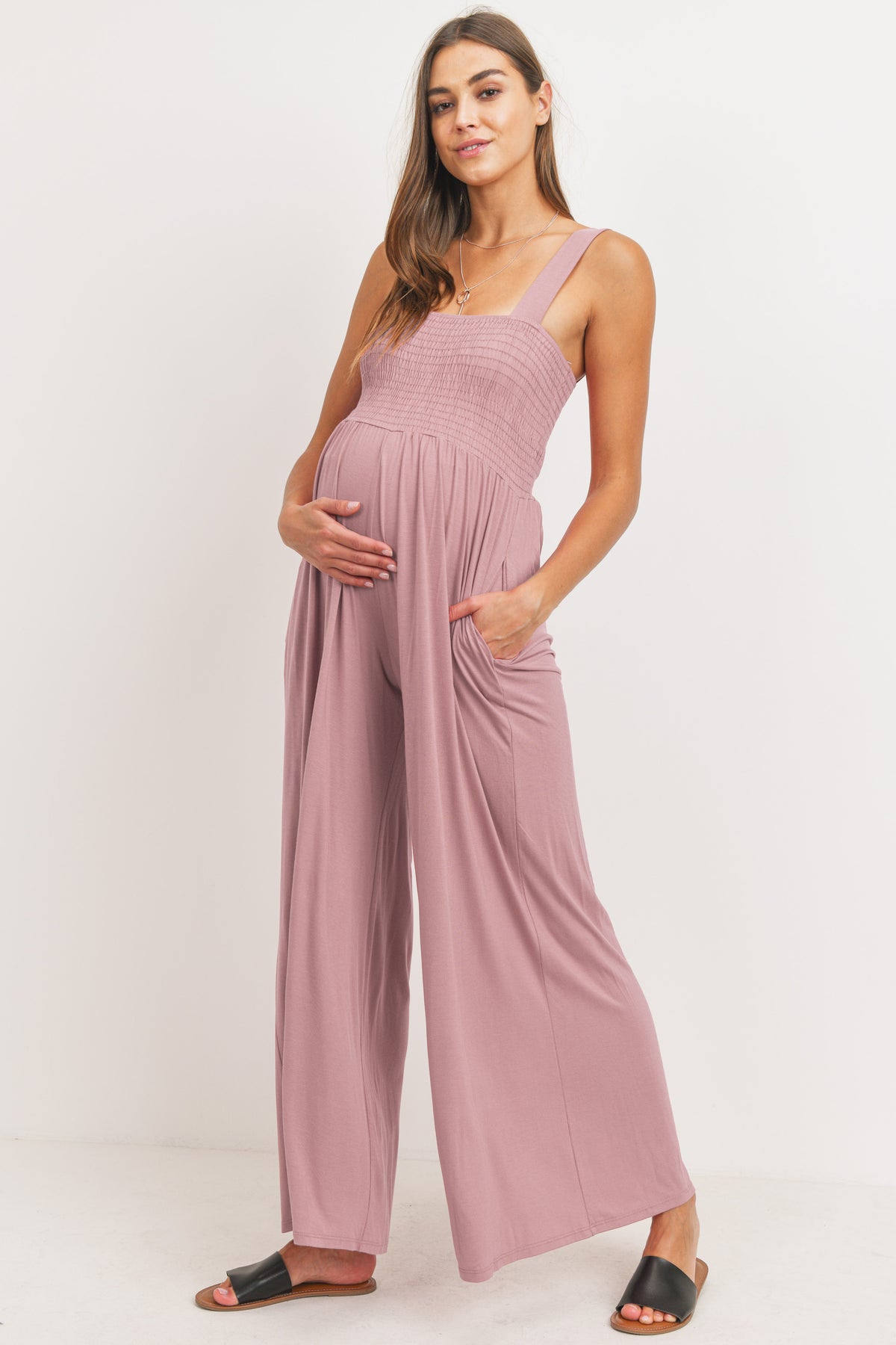 Mauve Square Neck Smocked Maternity Flared Jumpsuit Side View
