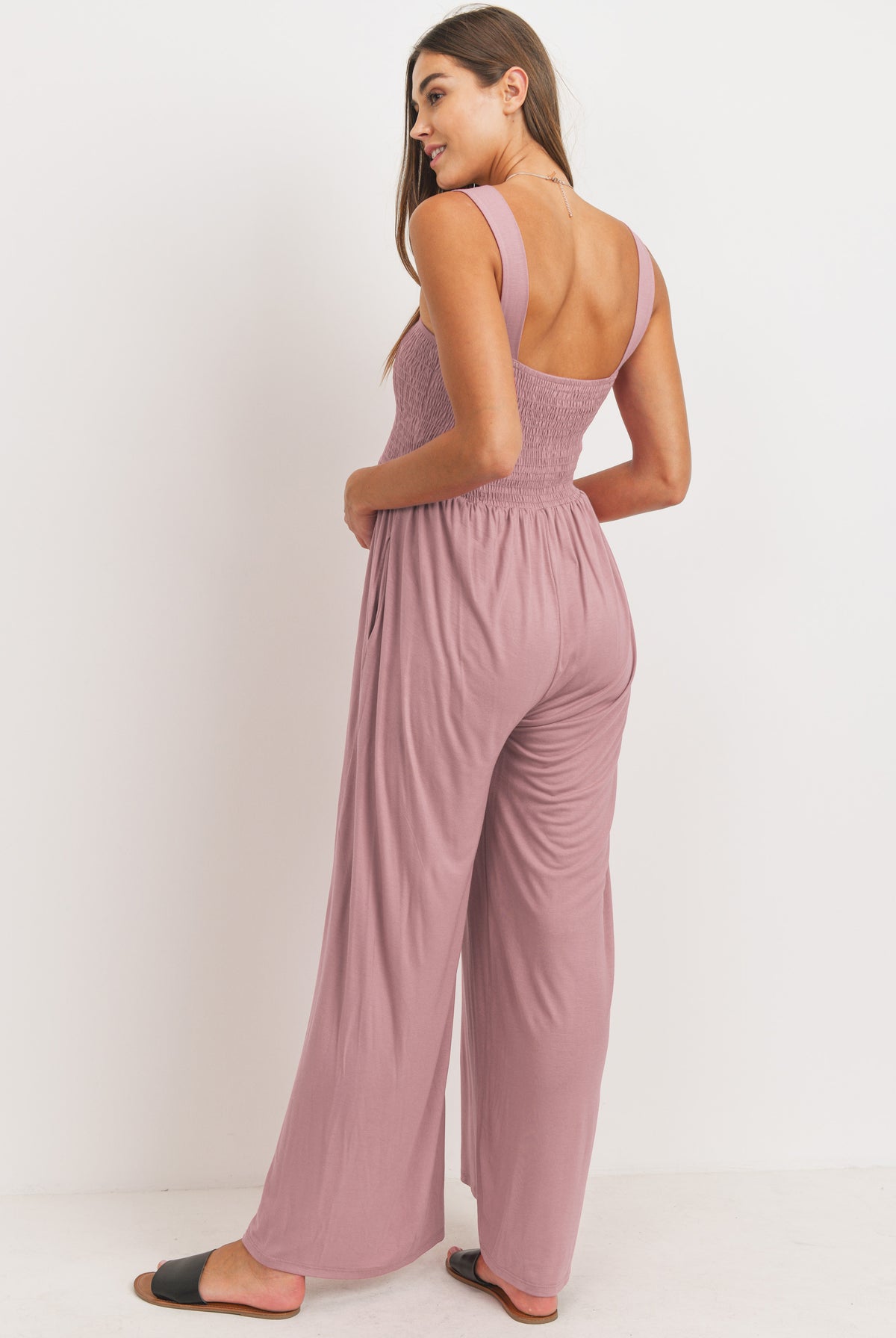 Mauve Square Neck Smocked Maternity Flared Jumpsuit Back View