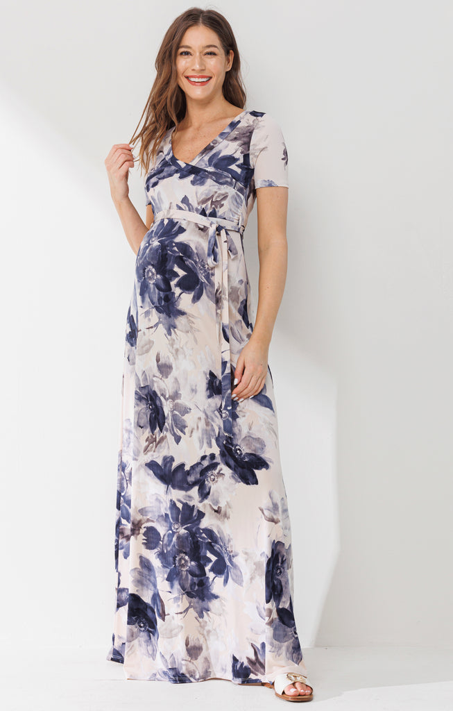 Taupe Floral Ity Jersey Maternity/Nursing Maxi Dress