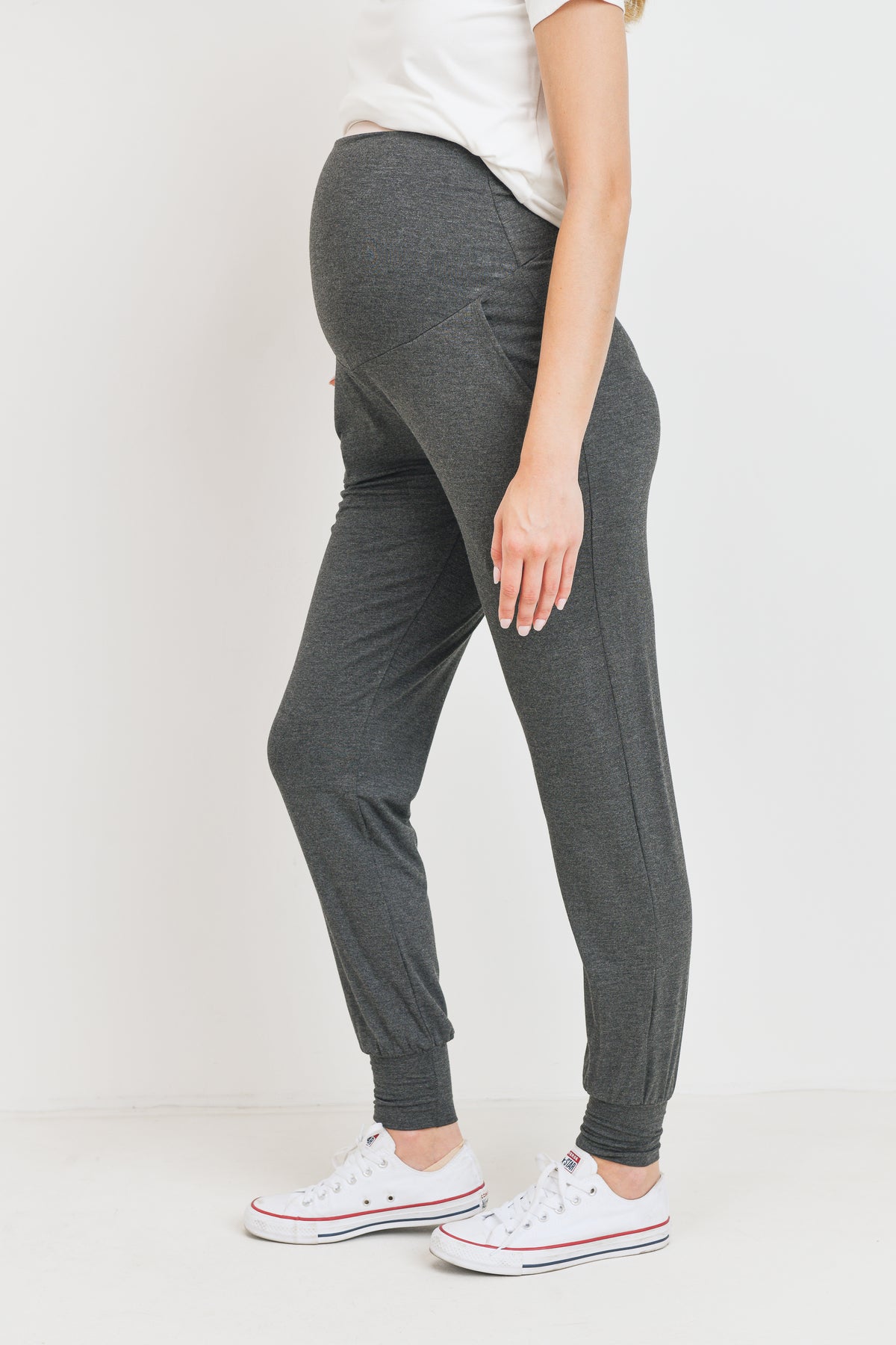 Charcoal Over The Belly Maternity Jogger Pants with Pockets Side View