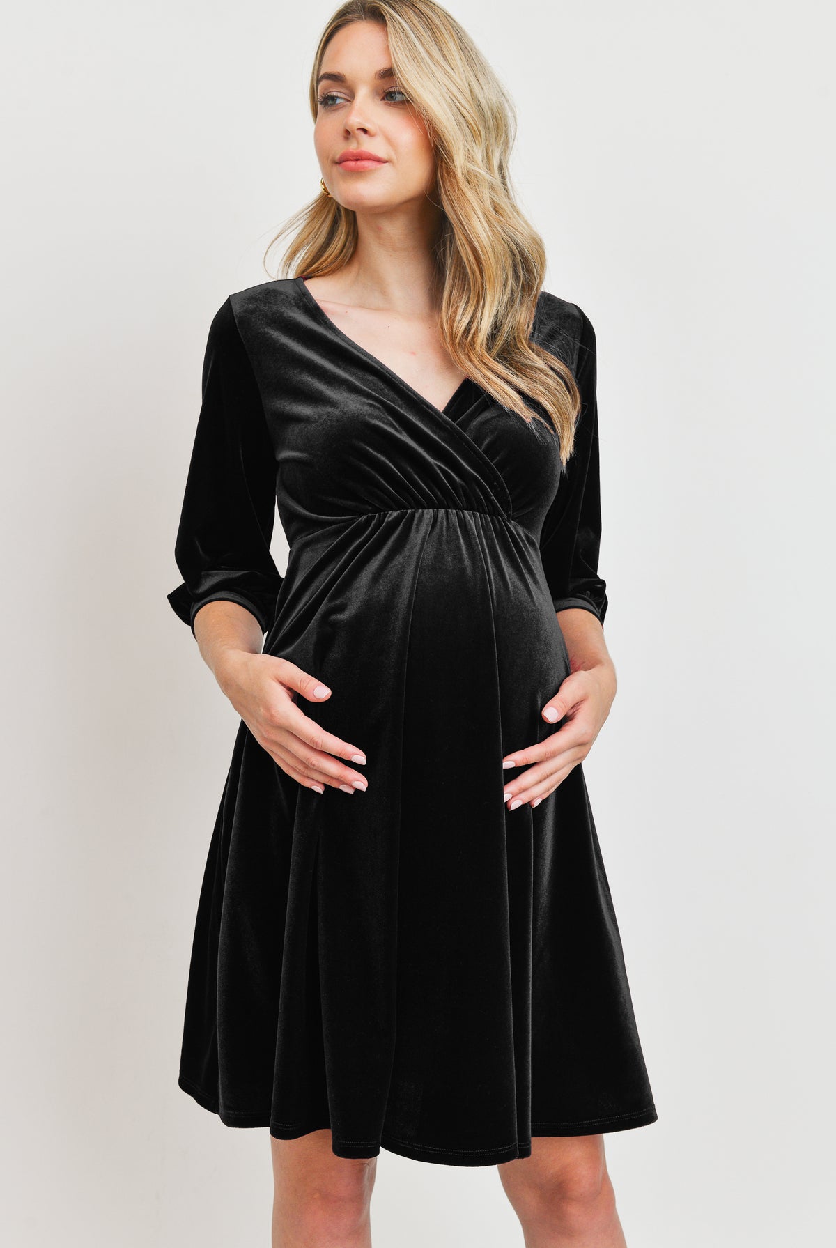 Black Stretch Velvet V-Neck Maternity/Nursing Dress Front View