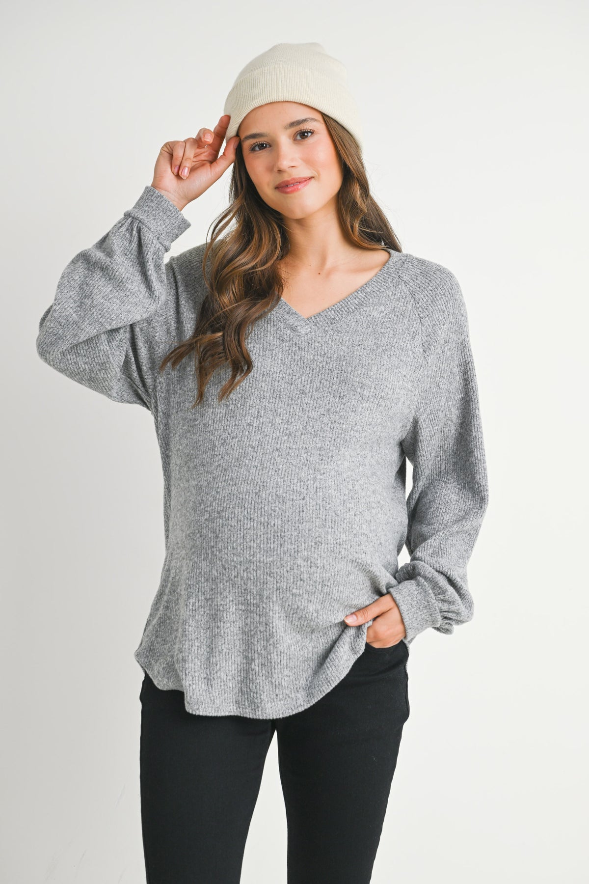 Heather Grey Loose Fit Ribbed Long Sleeve V Neck Maternity Top Front View