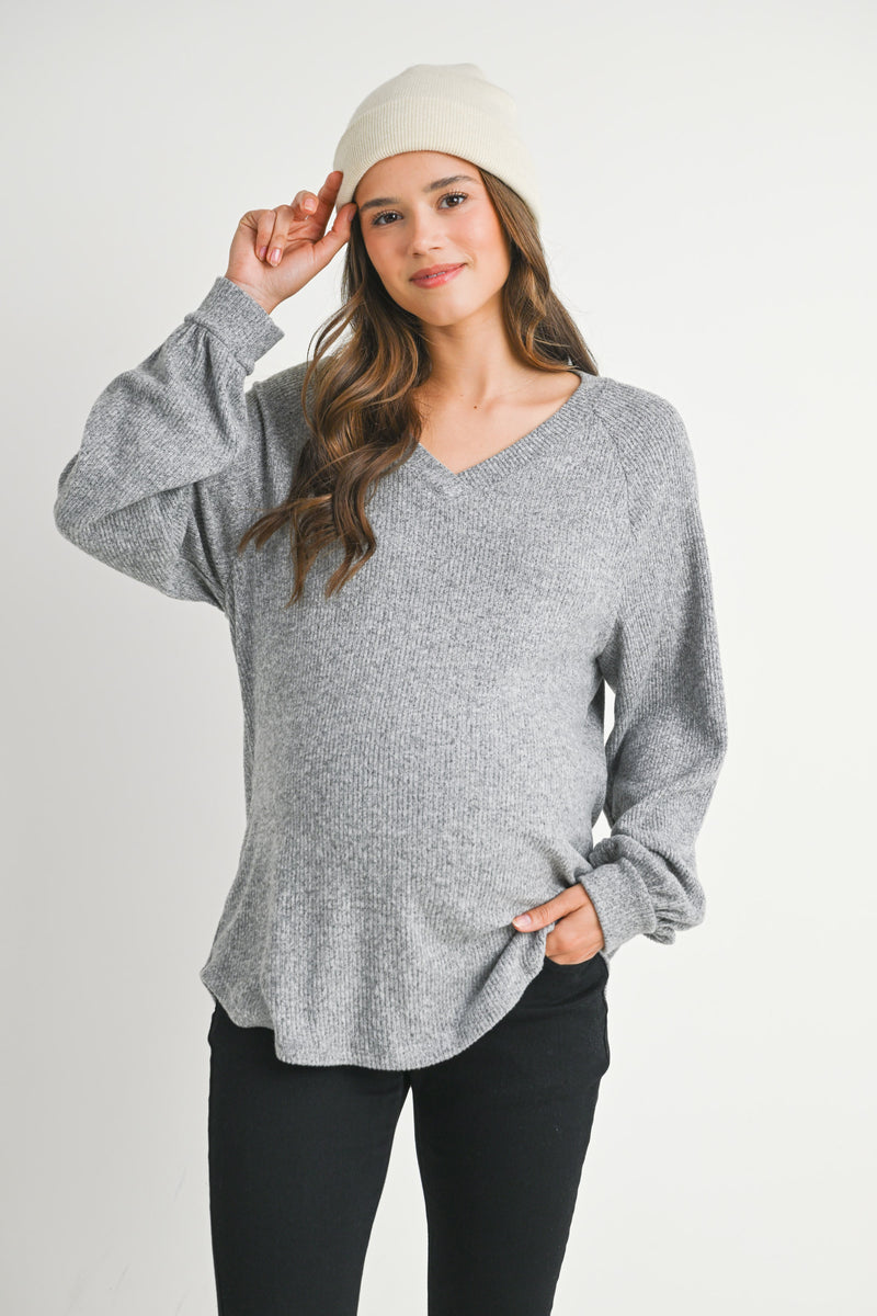 Women's Ribbed Knit Long Sleeve Maternity Top | Split Neck Casual Pregnancy Shirt - View #8