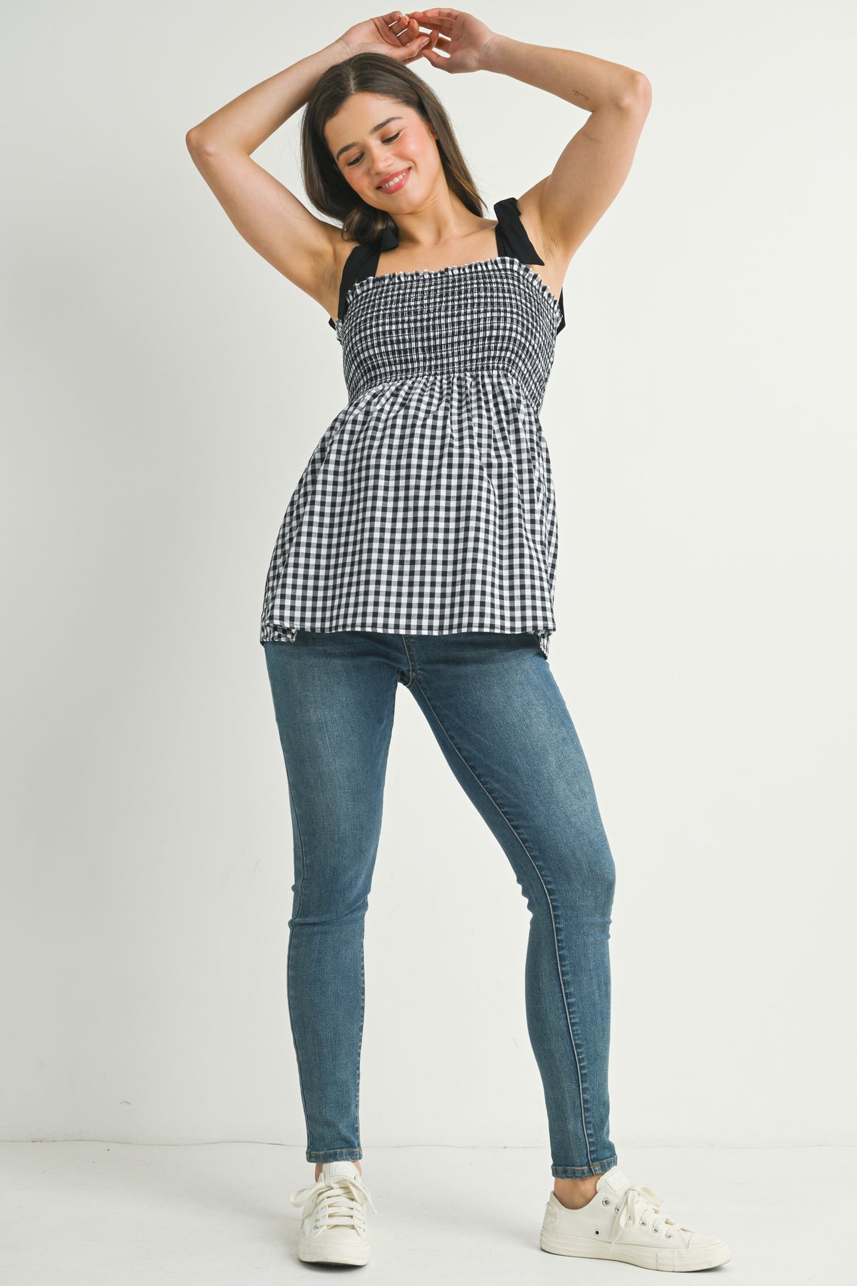 Black/White Gingham Smocked Shoulder Tie Sleeveless Maternity Top Full Body