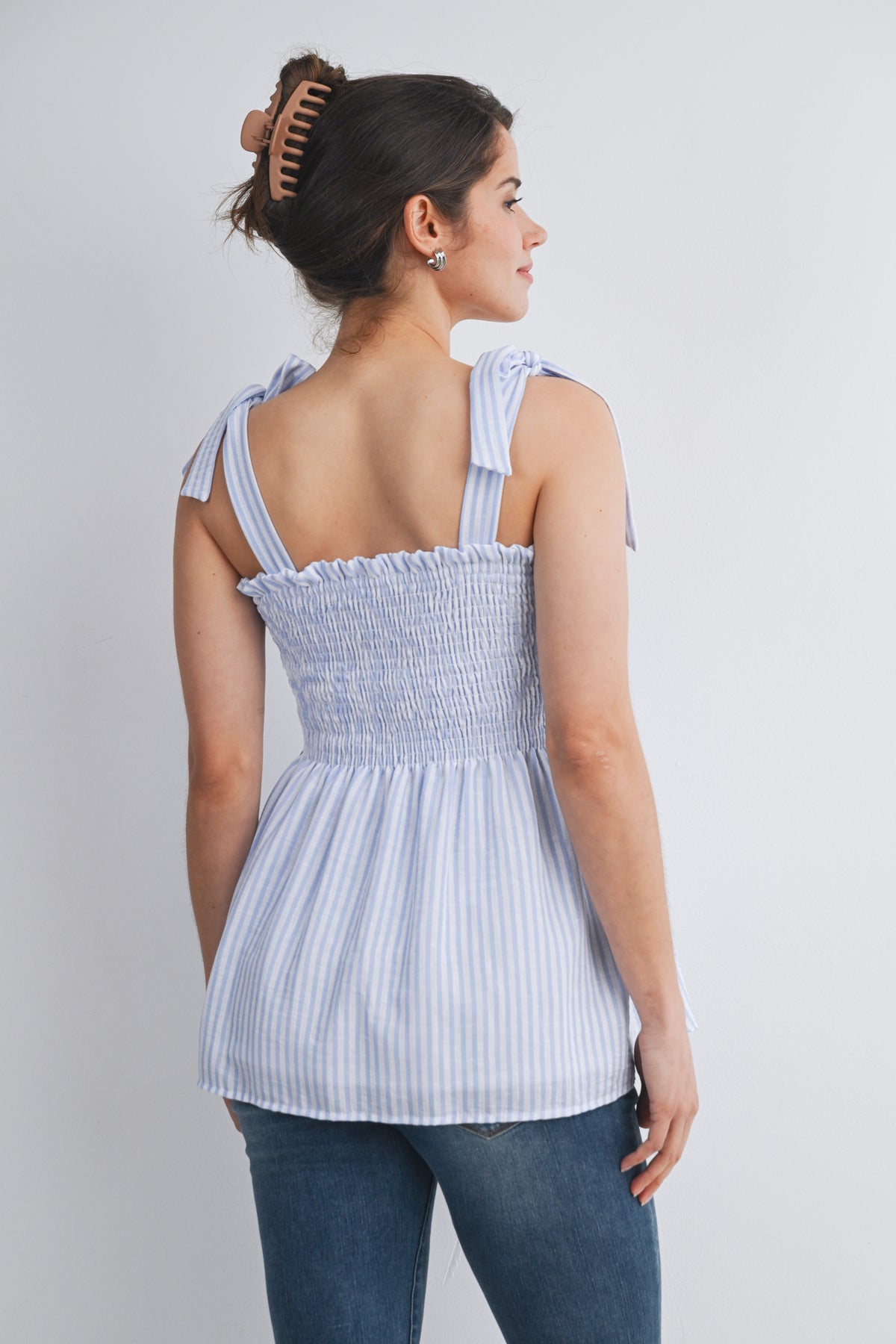 Chambray Smocked Tie-Strap Striped Maternity Tank Top Back View