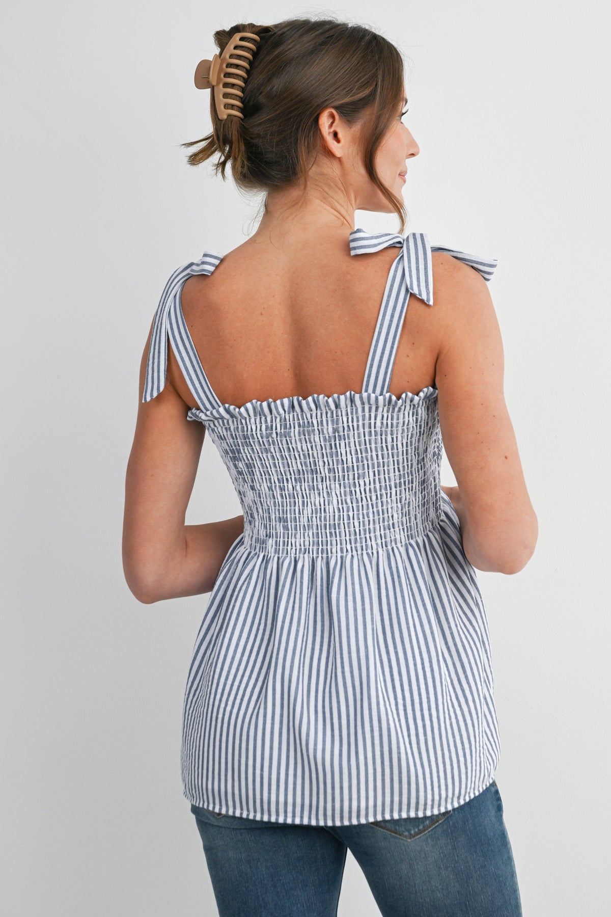 Denim Smocked Tie-Strap Striped Maternity Tank Top Back View