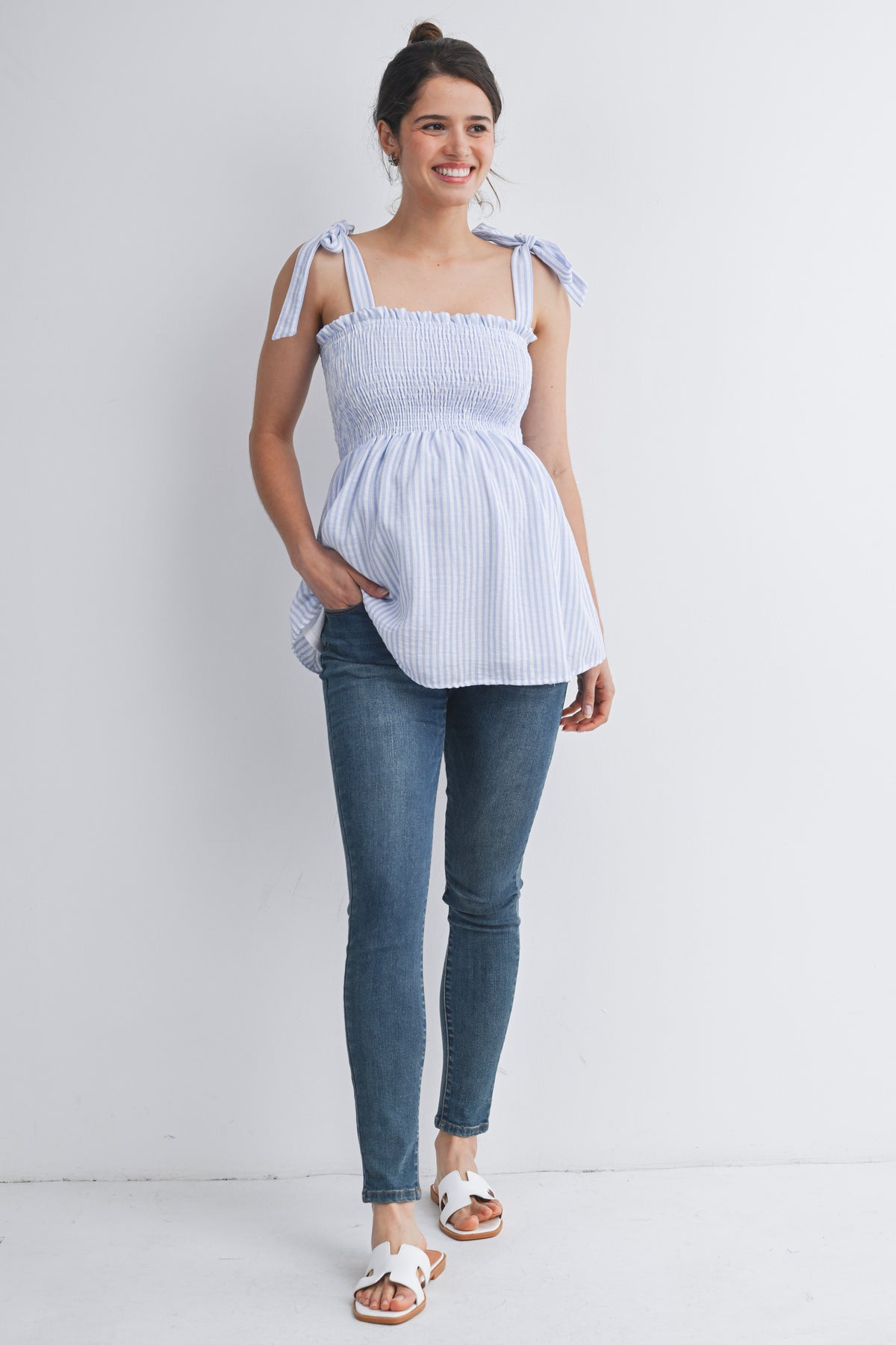 Chambray Smocked Tie-Strap Striped Maternity Tank Top Full Body