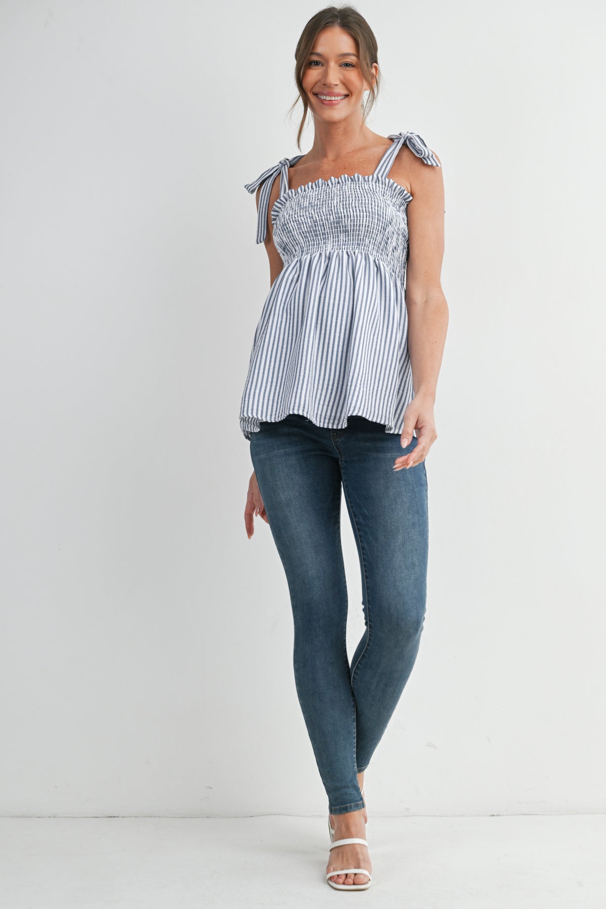 Denim Smocked Tie-Strap Striped Maternity Tank Top Full Body