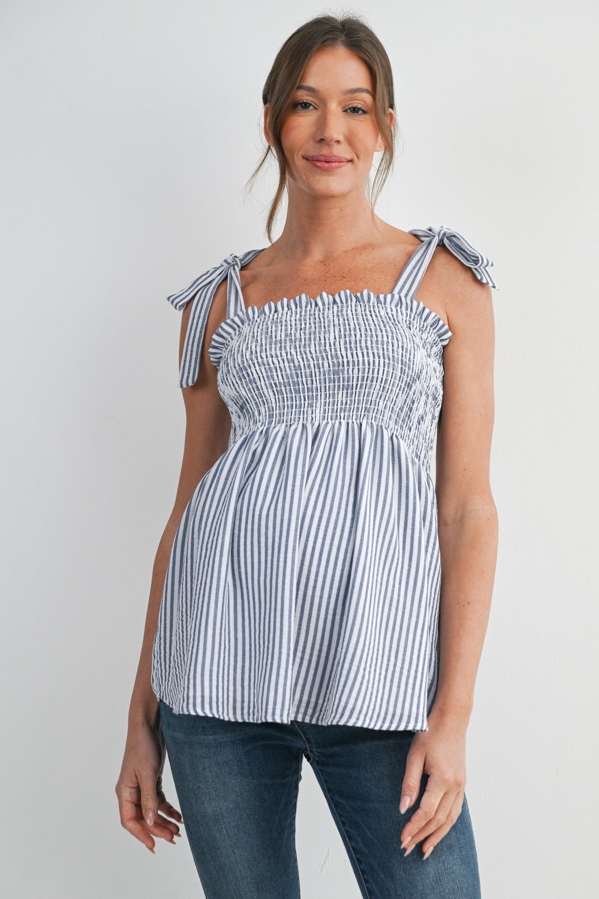 Denim Smocked Tie-Strap Striped Maternity Tank Top Front View