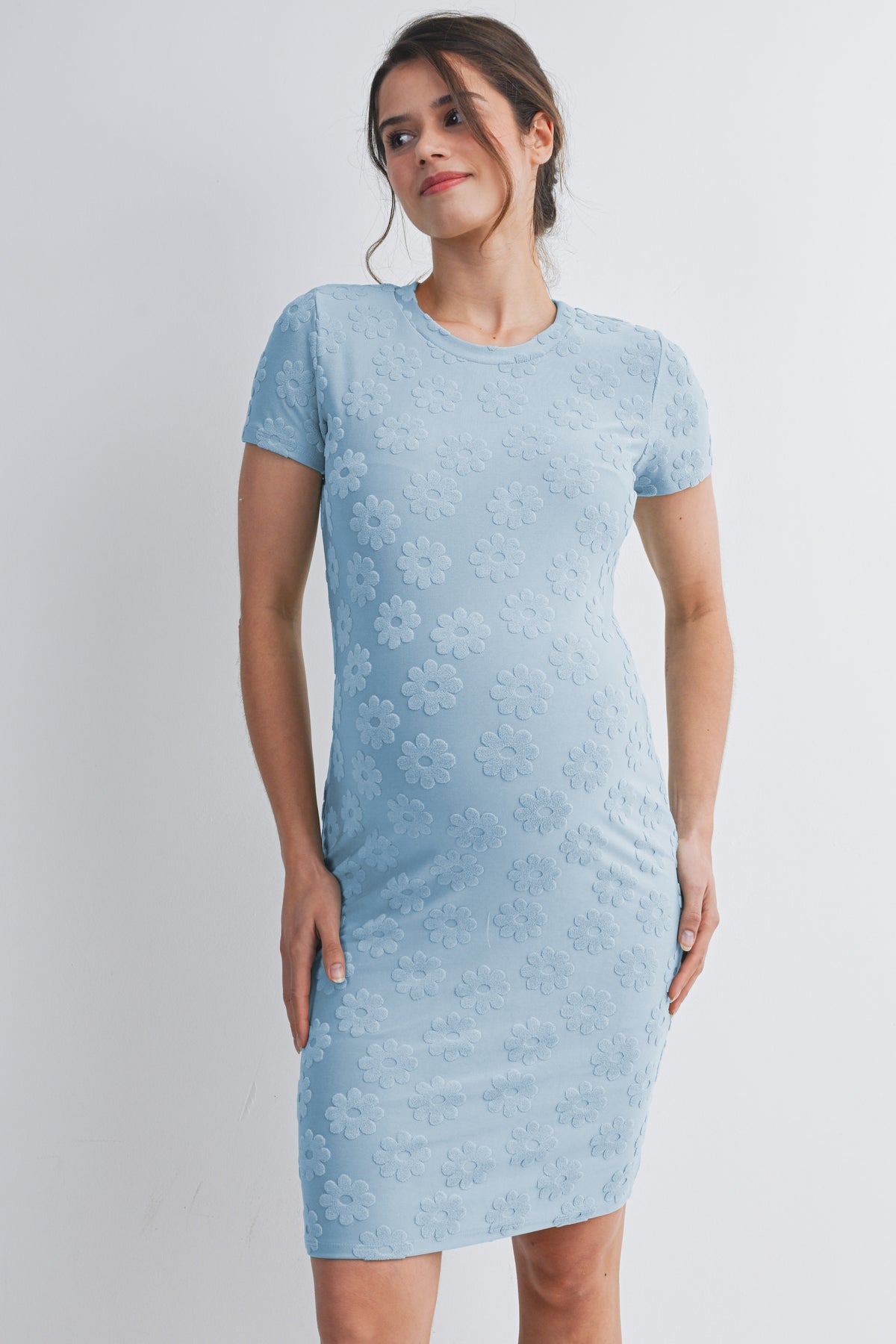 Chambray Floral Short Sleeve Bodycon Maternity Dress Front View