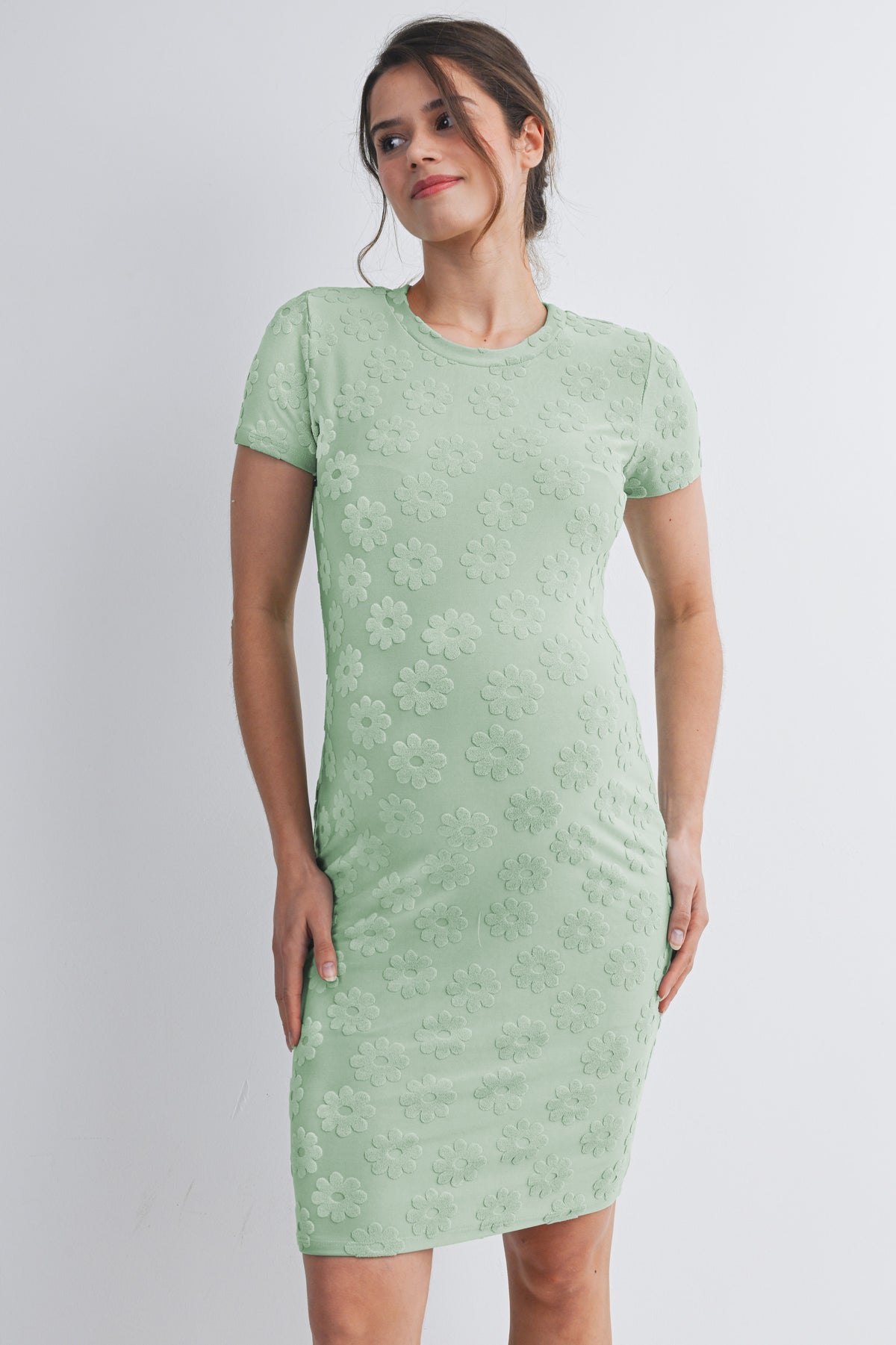 Sage Floral Short Sleeve Bodycon Maternity Dress Front View