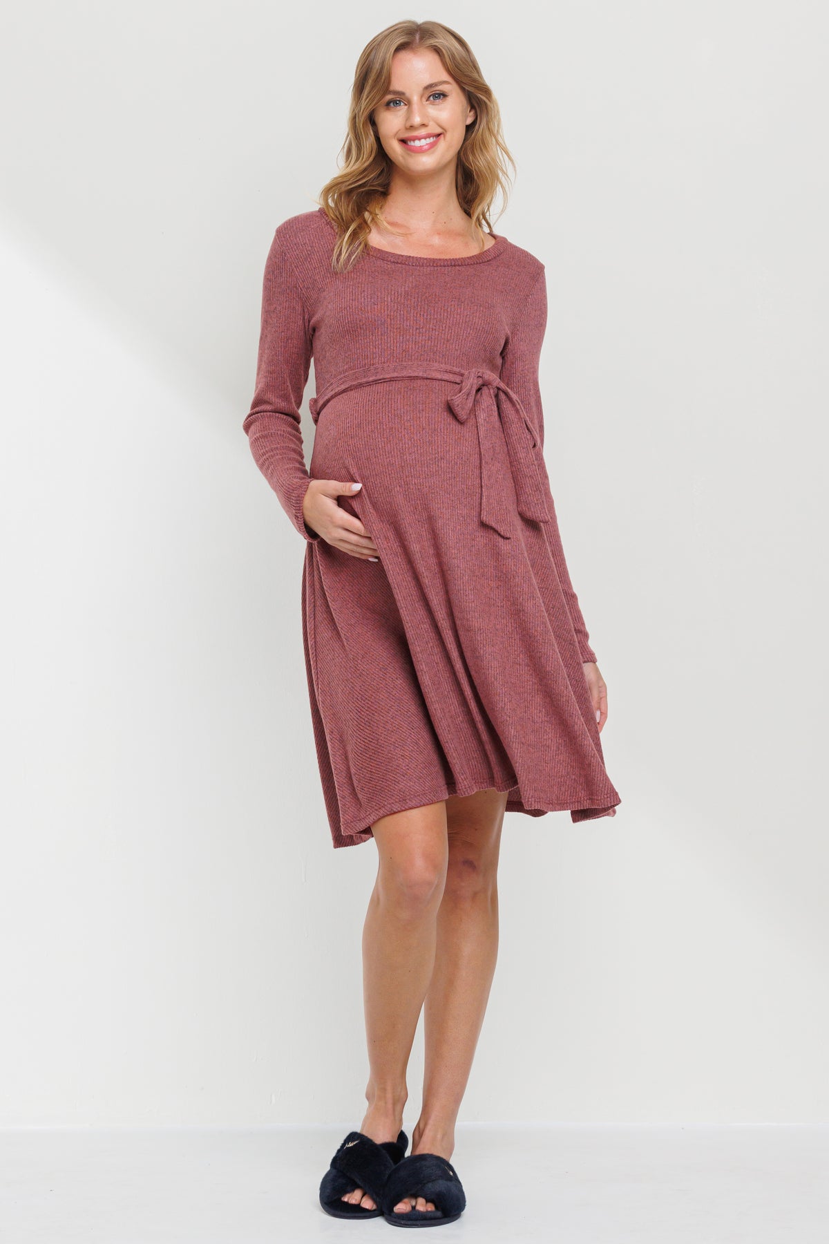 Dusty Rose Rib Knit Belted Maternity Skater Dress Full Body