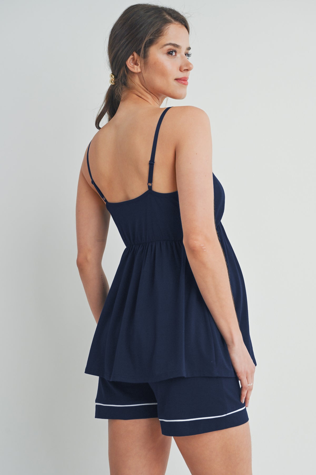 Navy Maternity Cami Top and Short Loungewear Set Back View
