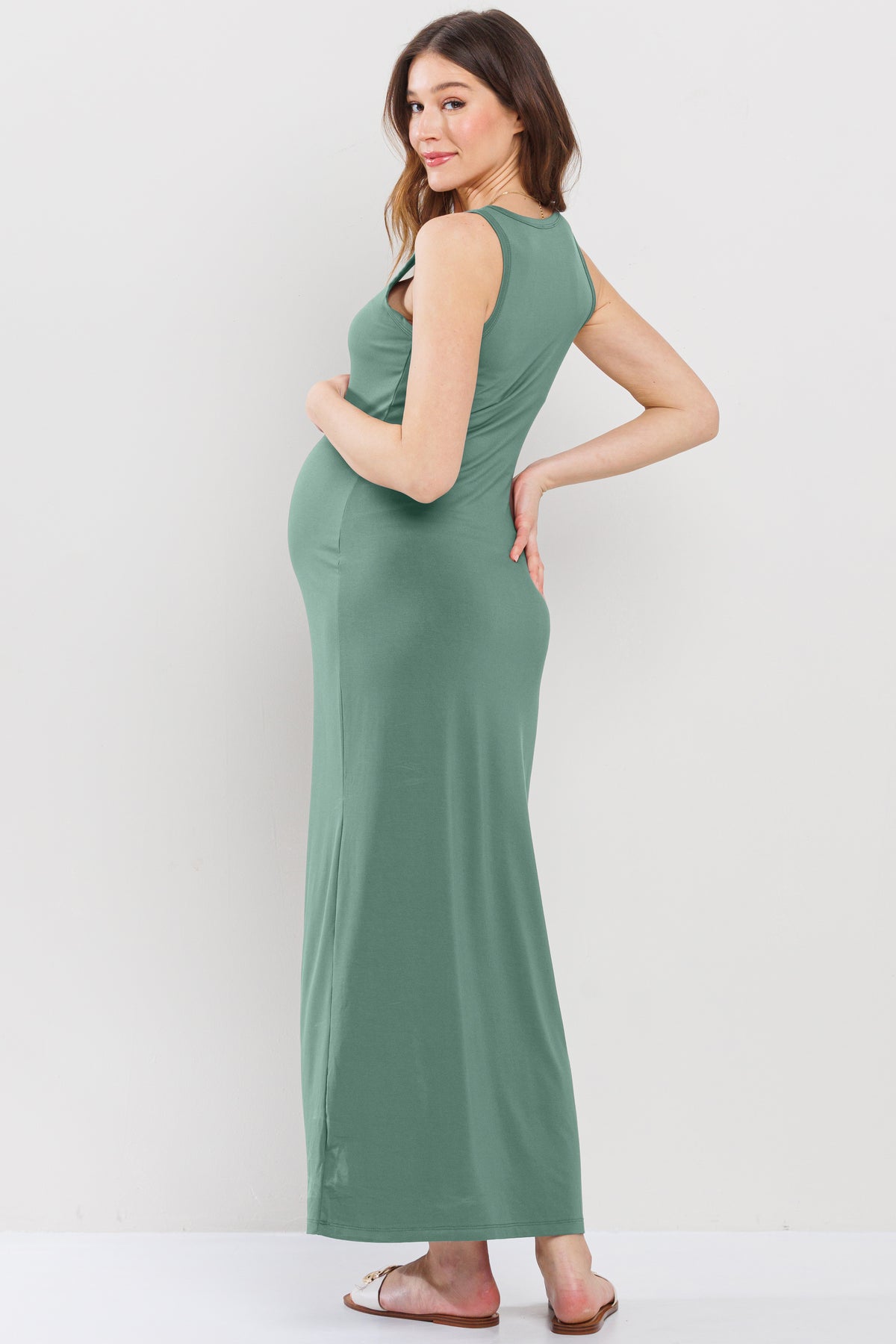 Sage Tank Round Neck Maternity Maxi Dress