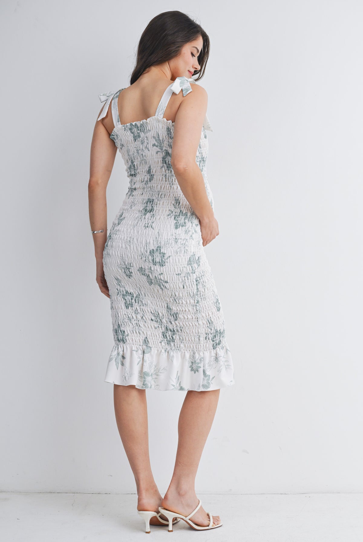 Sage Floral Smocked Maternity Midi Dress with Tie Straps Back View