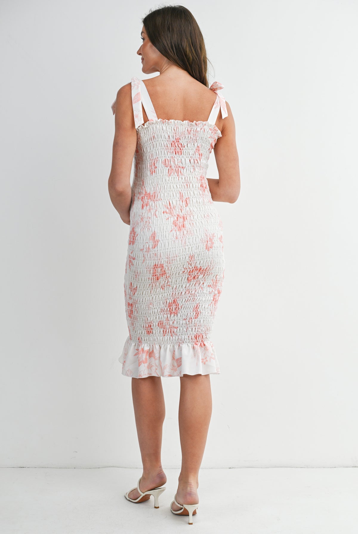 Peach Floral Smocked Maternity Midi Dress with Tie Straps Back View