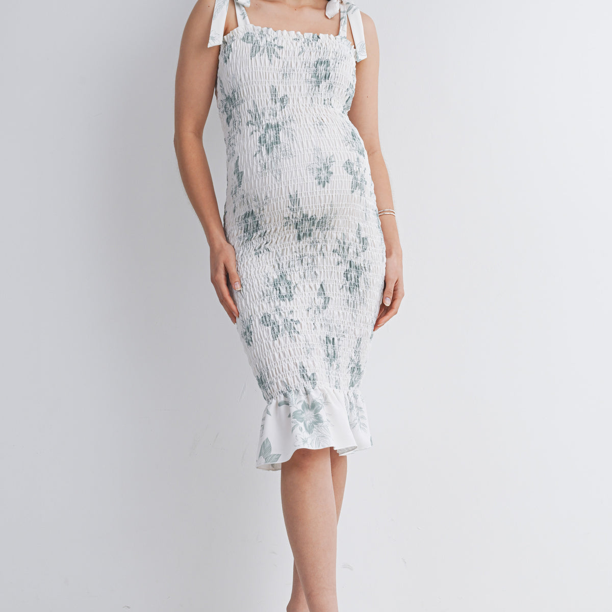 Sage Floral Smocked Maternity Midi Dress with Tie Straps Front View