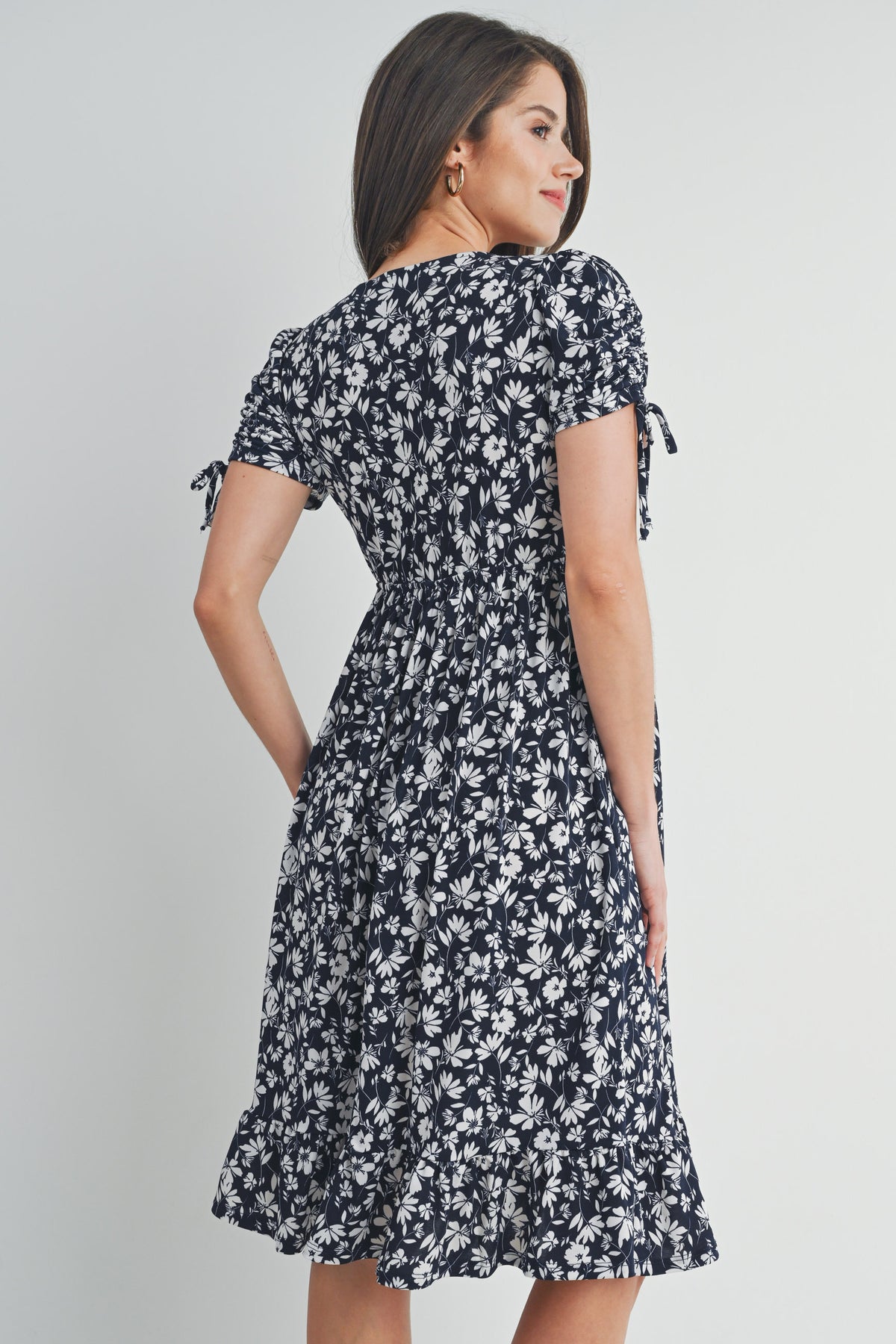 Navy Floral Adjustable Sleeve V-Neck Maternity Dress Back View
