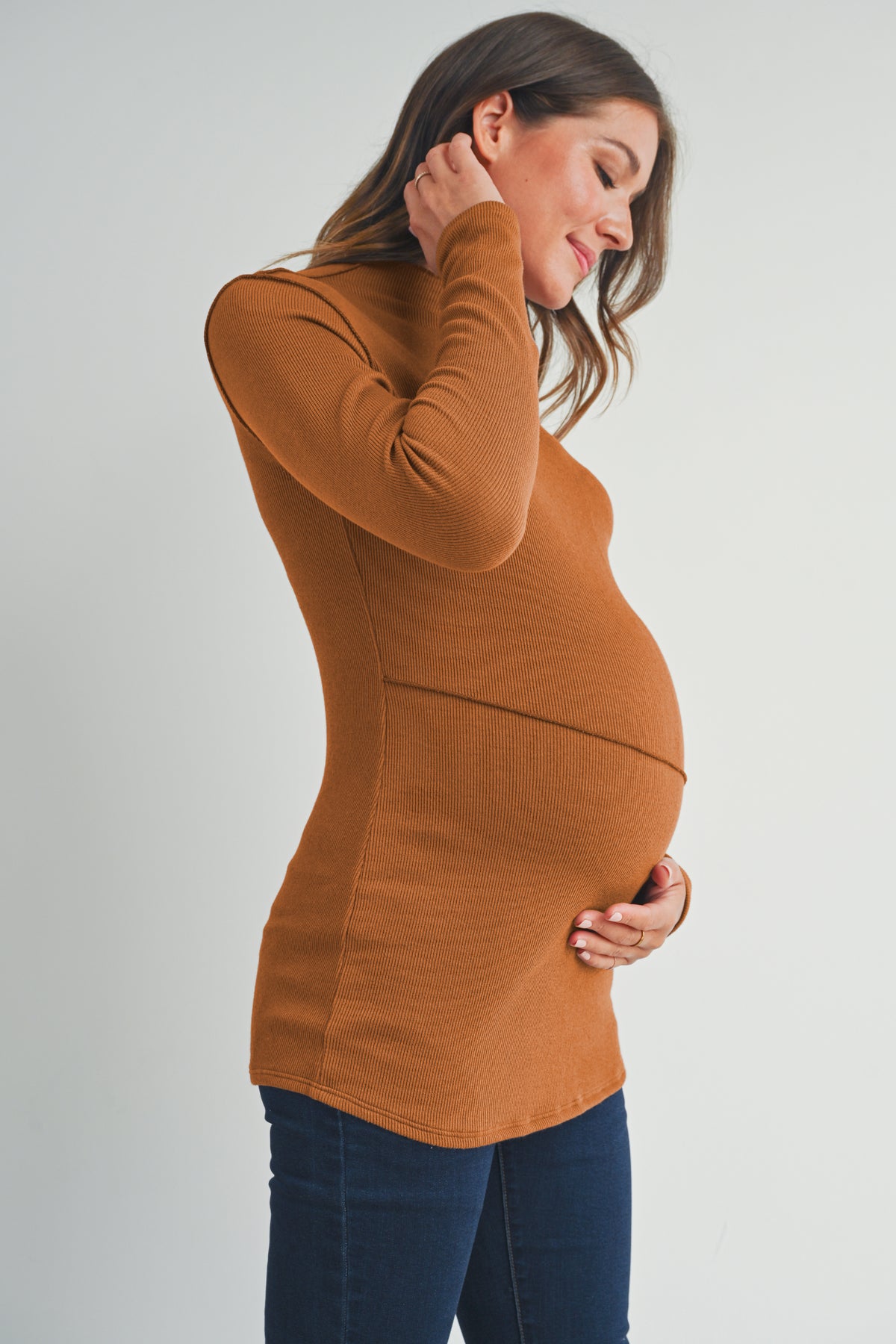 Brick Mock Neck Merrow Edge Detail Maternity Side View