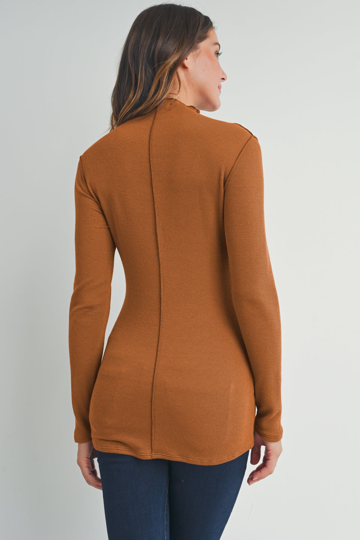 Brick Mock Neck Merrow Edge Detail Maternity Back View