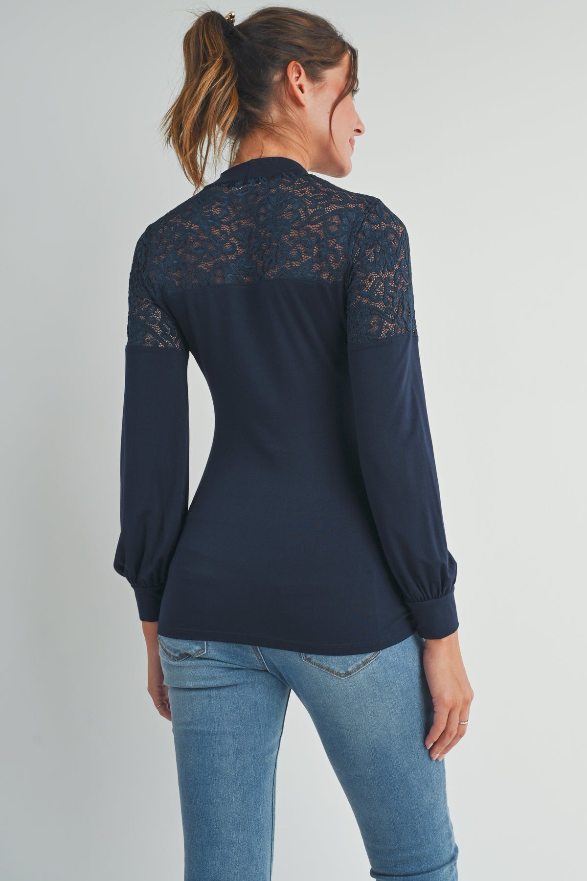 Navy Floral Lace Long Sleeve Mock Neck Maternity Top Back View