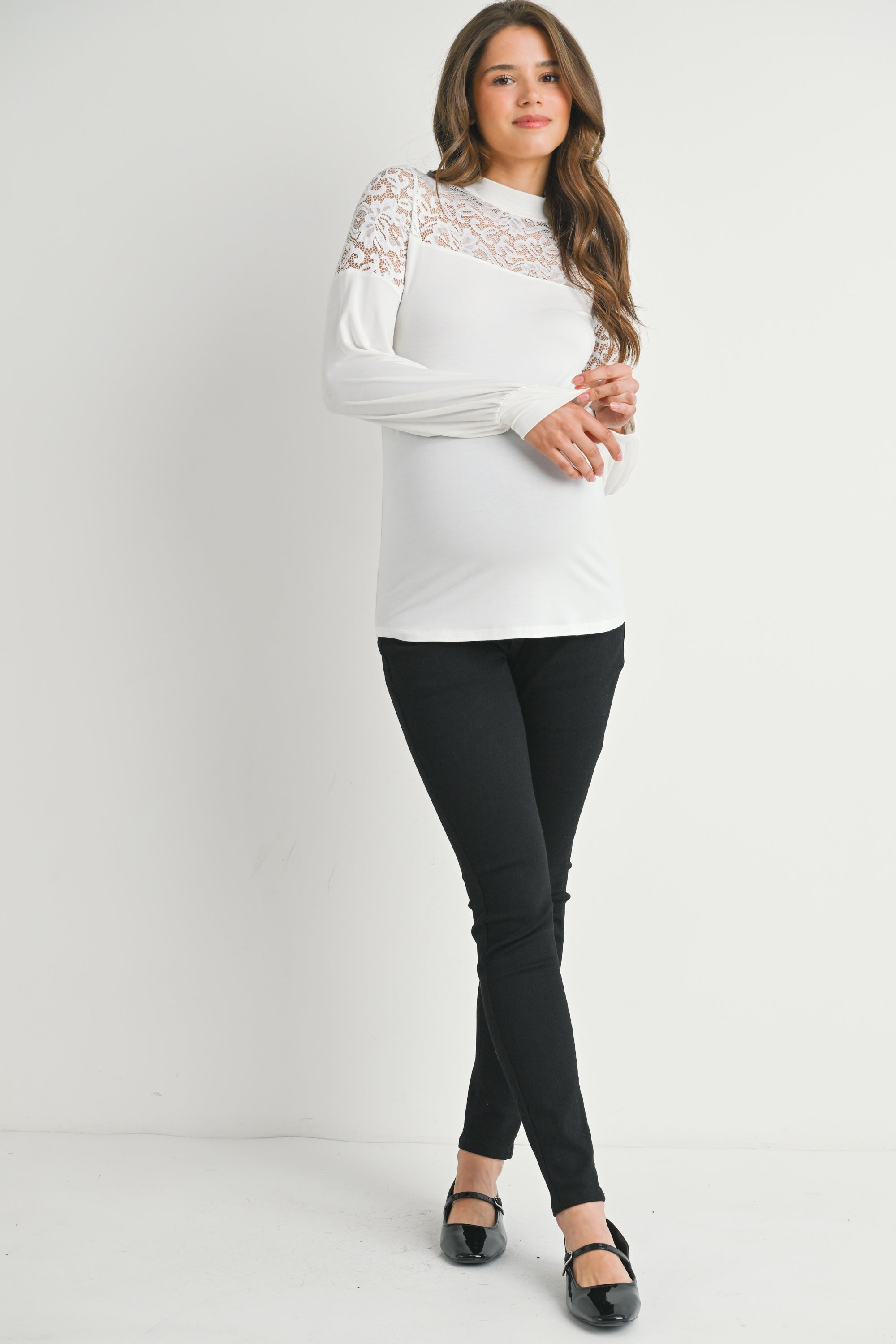 Off White Floral Lace Long Sleeve Mock Neck Maternity Top Full Body